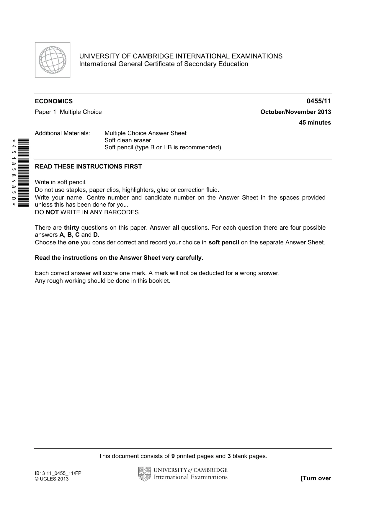 Cambridge IGCSE Economics 0455 2013 Oct/Nov Paper 1 · Variant 1 question paper, page 1 of 12