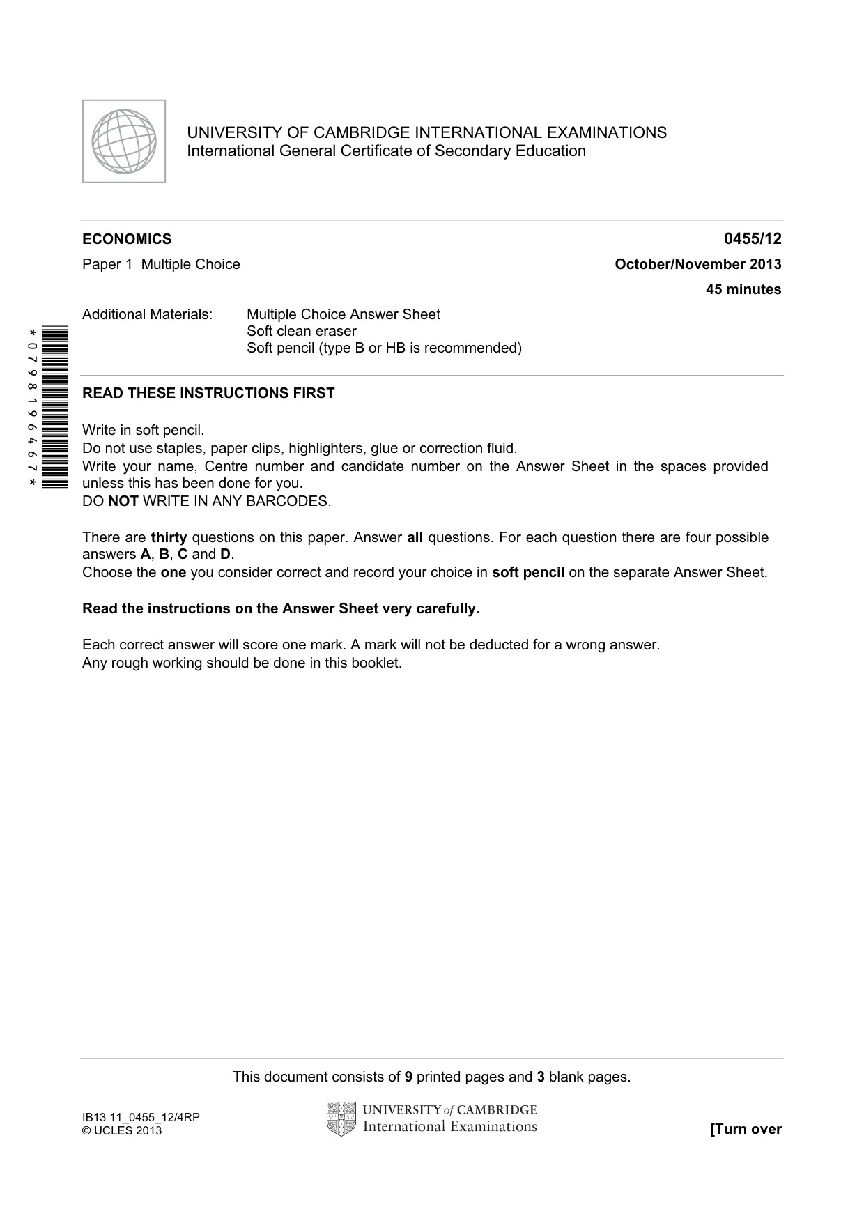 Cambridge IGCSE Economics 0455 2013 Oct/Nov Paper 1 · Variant 2 question paper, page 1 of 12