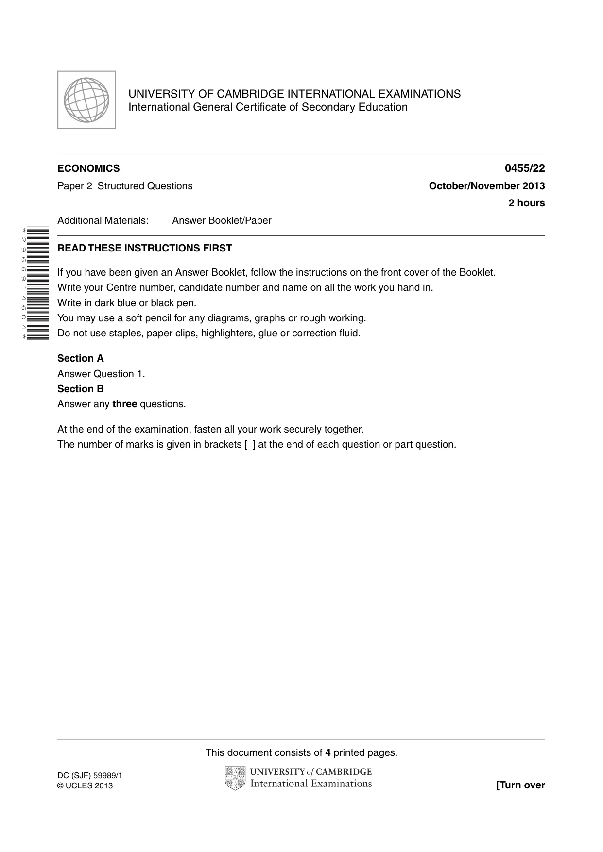 Cambridge IGCSE Economics 0455 2013 Oct/Nov Paper 2 · Variant 2 question paper, page 1 of 4