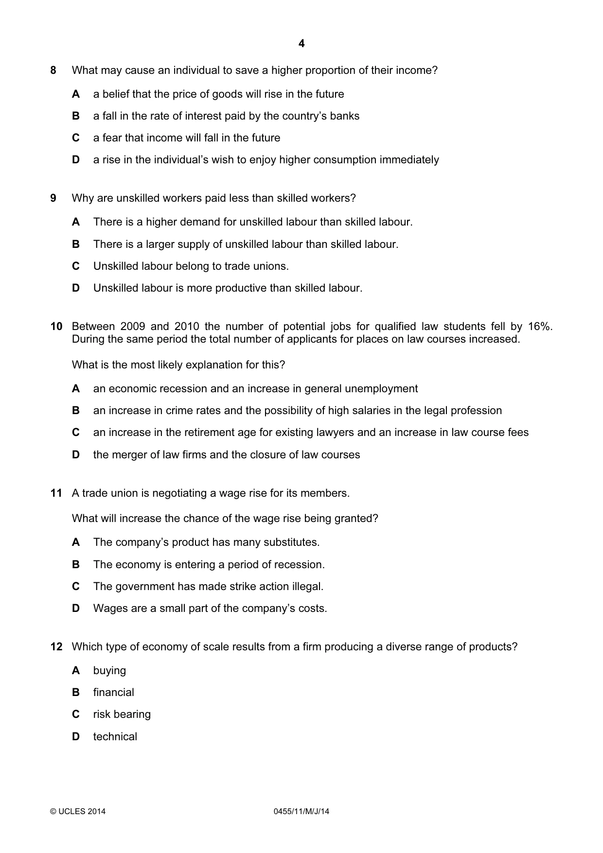 Cambridge IGCSE Economics 0455 2014 May/June Paper 1 · Variant 1 question paper, page 4 of 12