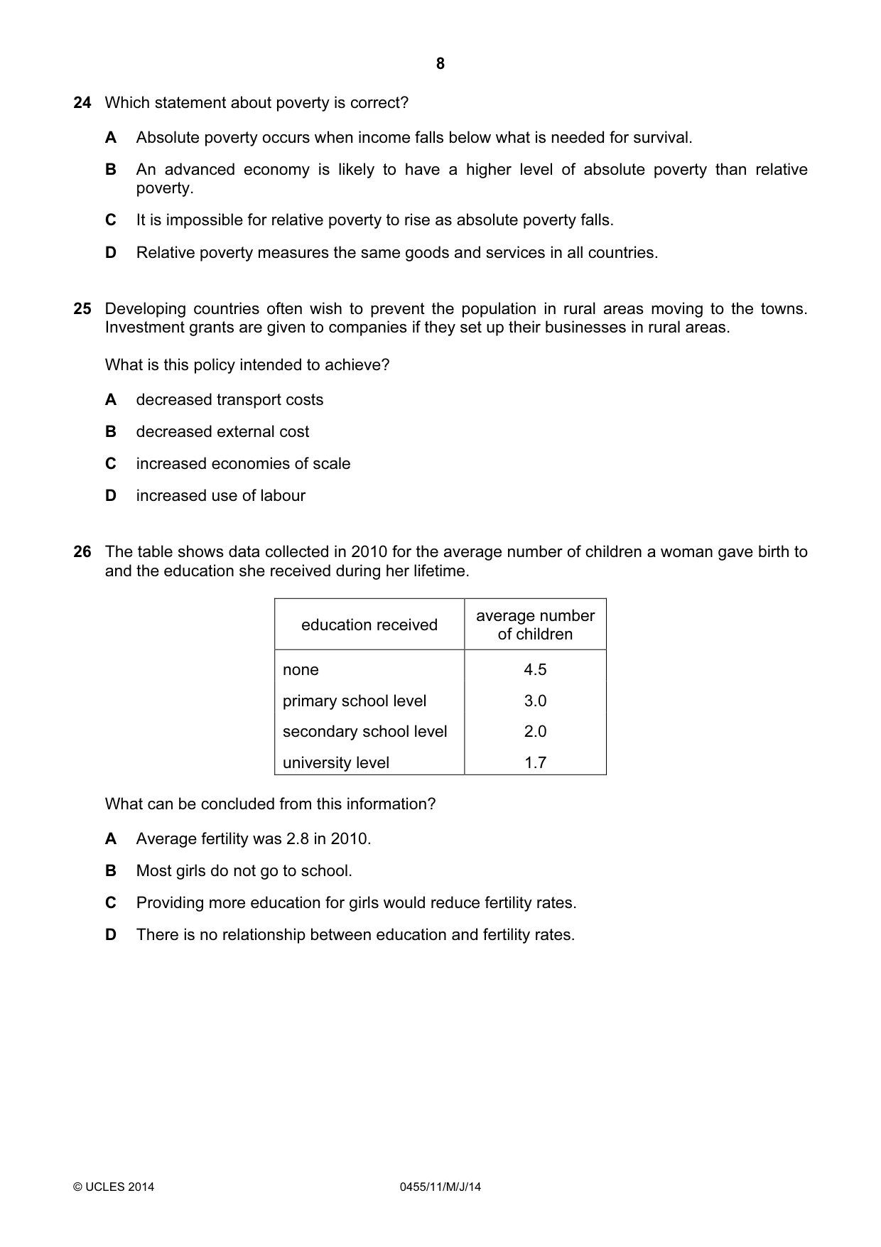 Cambridge IGCSE Economics 0455 2014 May/June Paper 1 · Variant 1 question paper, page 8 of 12