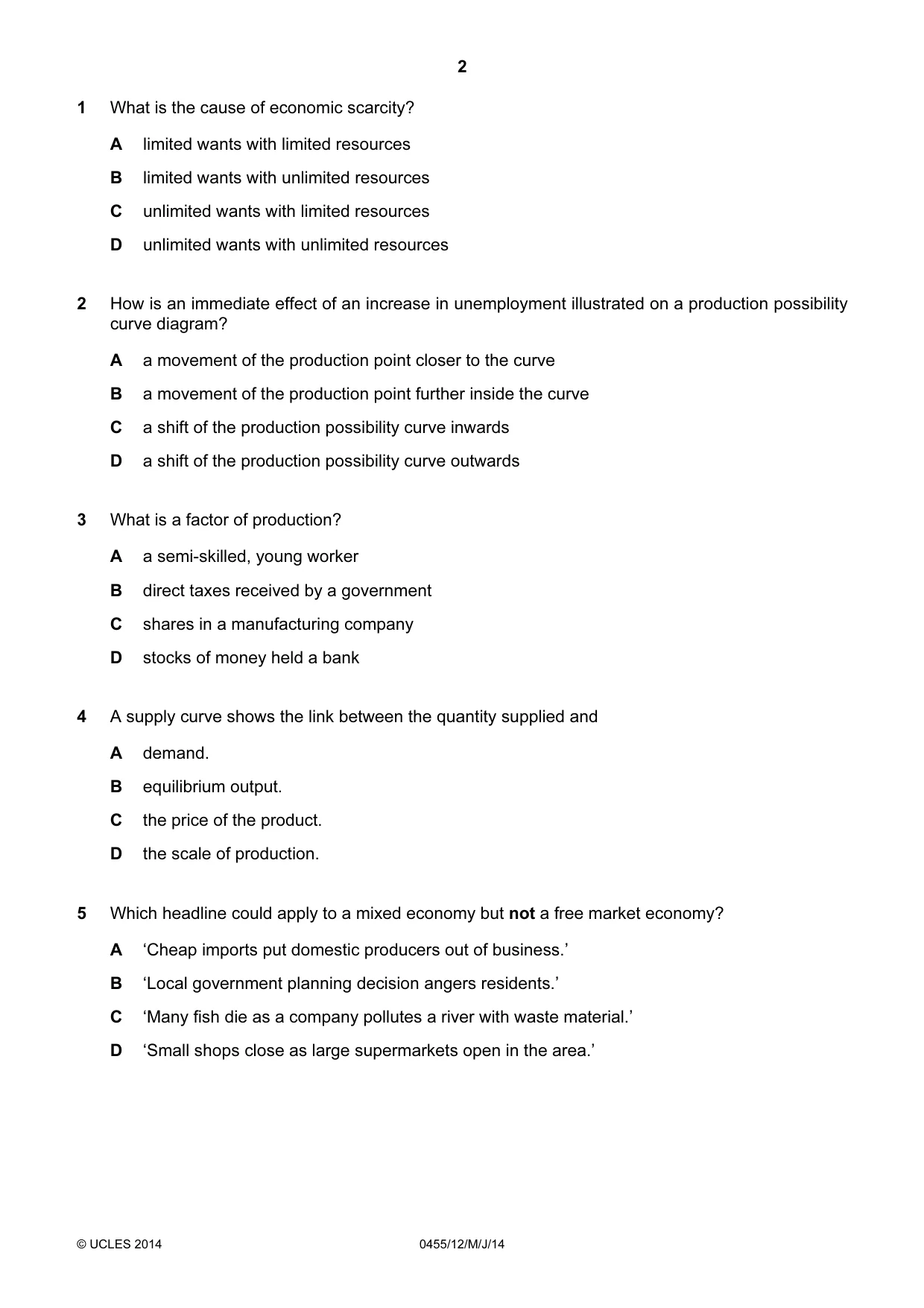 Cambridge IGCSE Economics 0455 2014 May/June Paper 1 · Variant 2 question paper, page 2 of 12