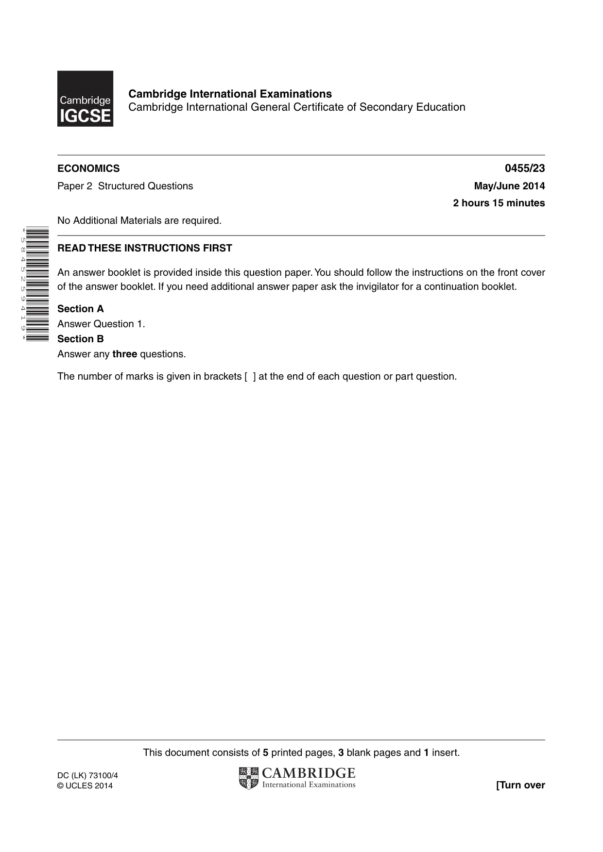 Cambridge IGCSE Economics 0455 2014 May/June Paper 2 · Variant 3 question paper, page 1 of 8