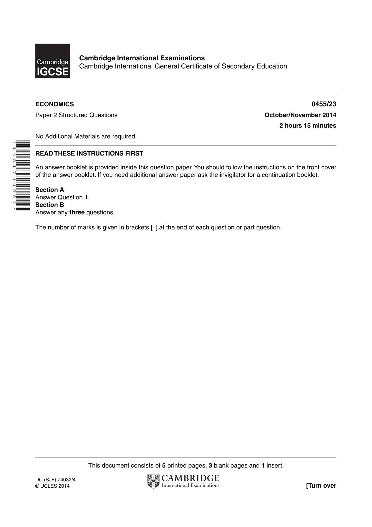 Cambridge IGCSE Economics 0455 2014 Oct/Nov Paper 2 · Variant 3 question paper, page 1 of 8