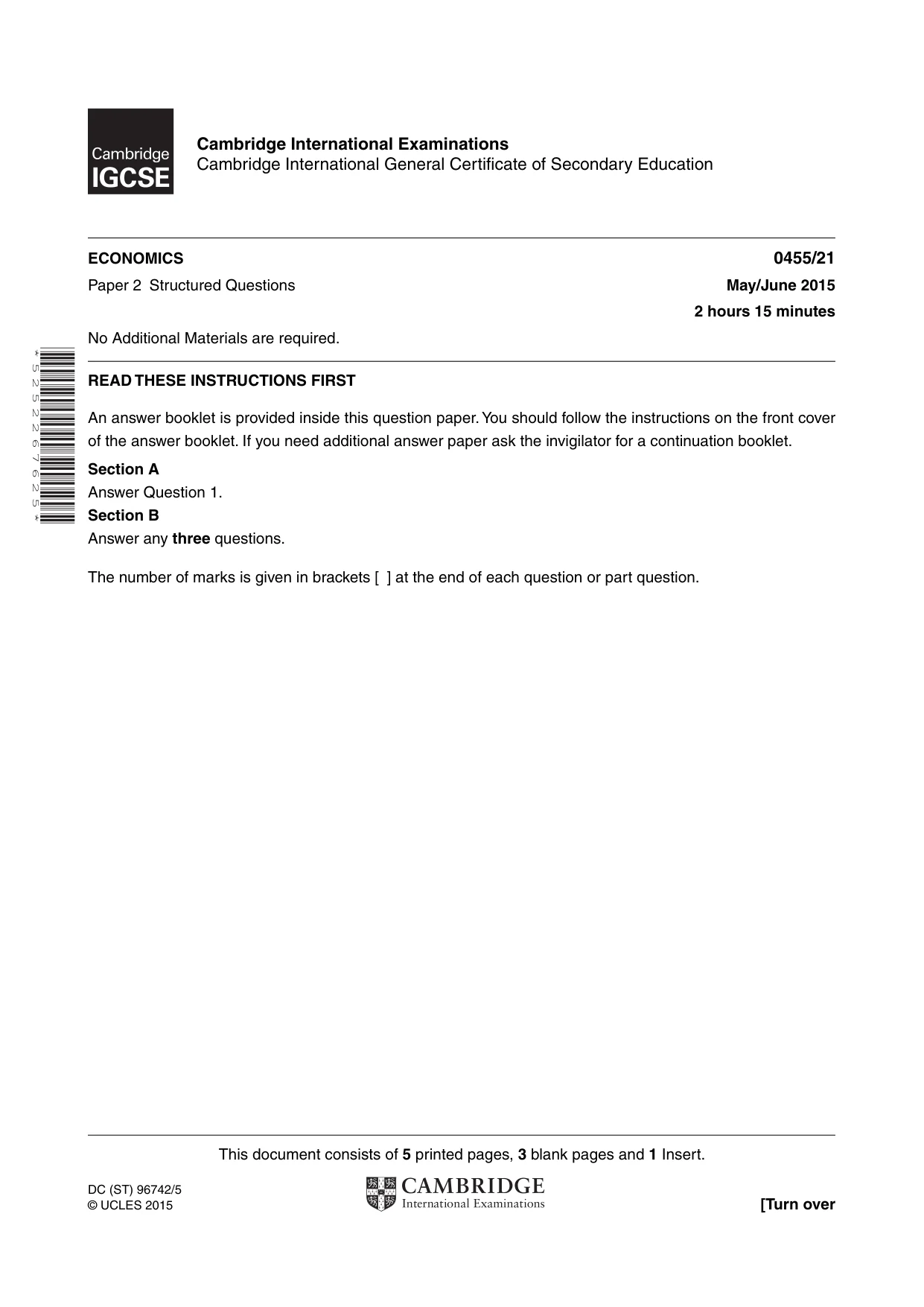 Cambridge IGCSE Economics 0455 2015 May/June Paper 2 · Variant 1 question paper, page 1 of 8