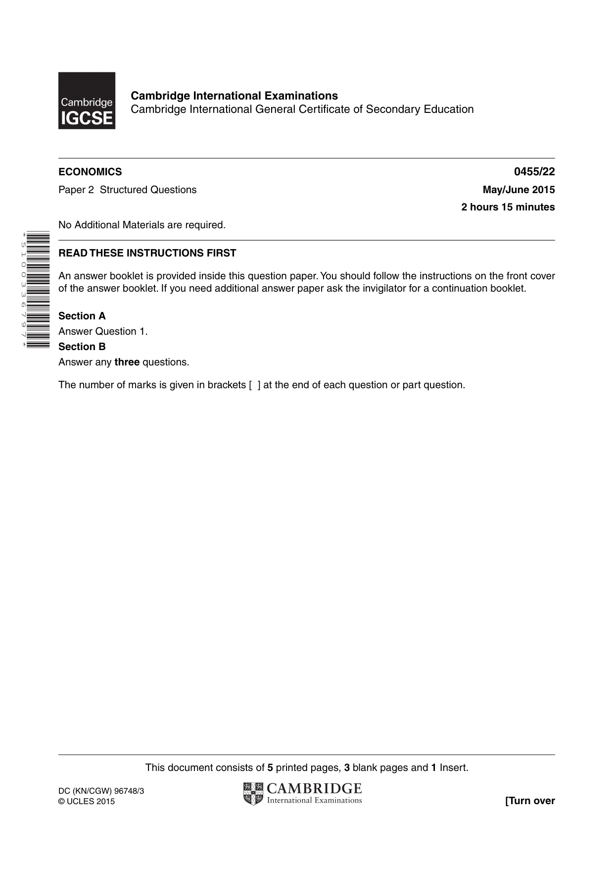 Cambridge IGCSE Economics 0455 2015 May/June Paper 2 · Variant 2 question paper, page 1 of 8