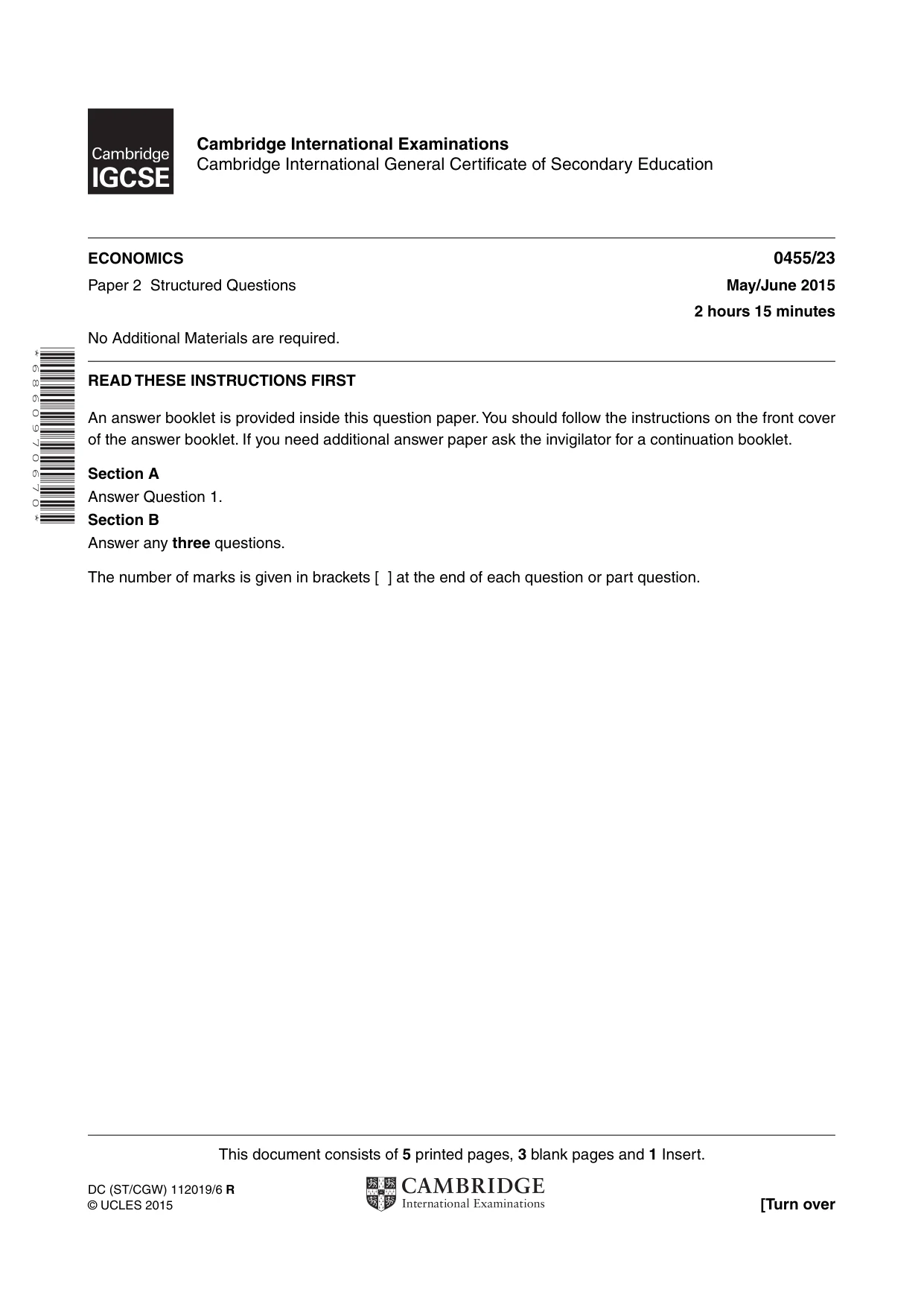 Cambridge IGCSE Economics 0455 2015 May/June Paper 2 · Variant 3 question paper, page 1 of 8