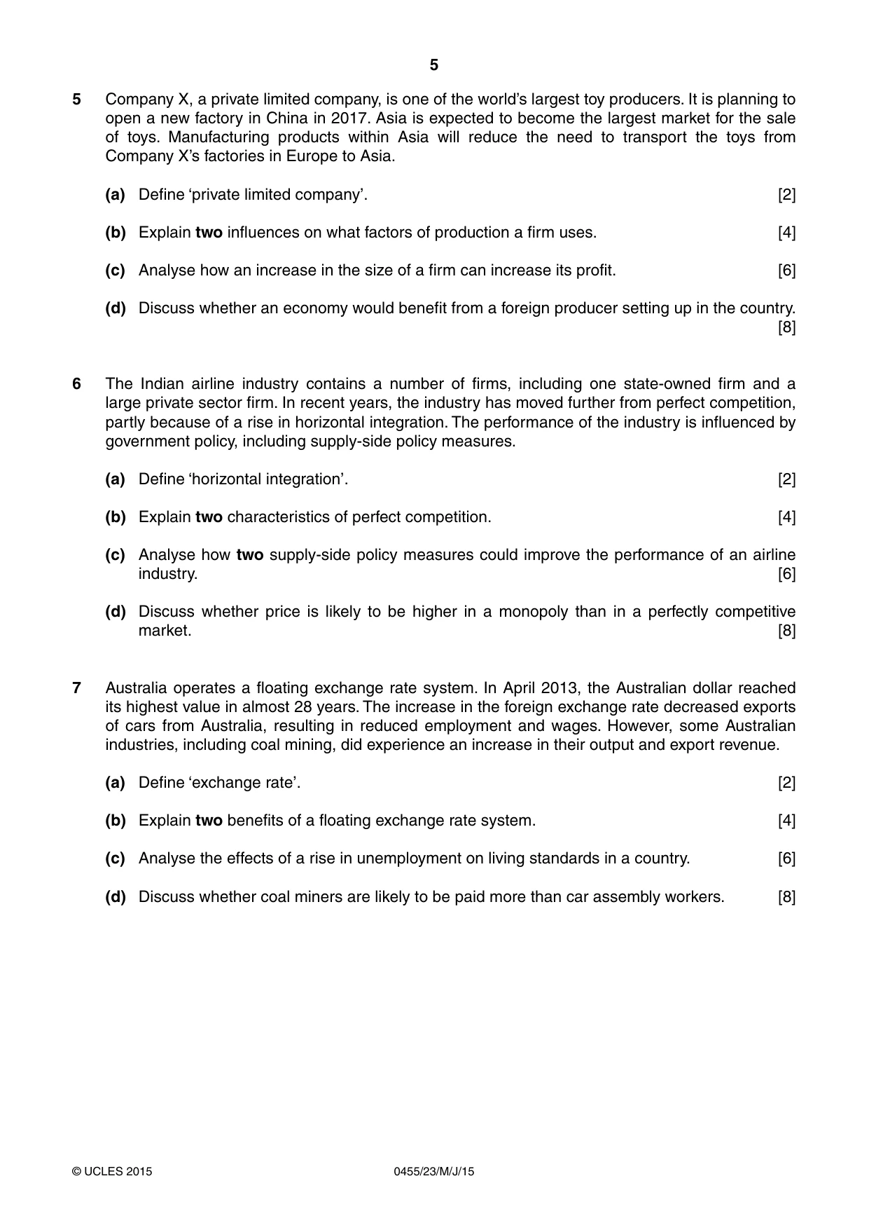 Cambridge IGCSE Economics 0455 2015 May/June Paper 2 · Variant 3 question paper, page 5 of 8