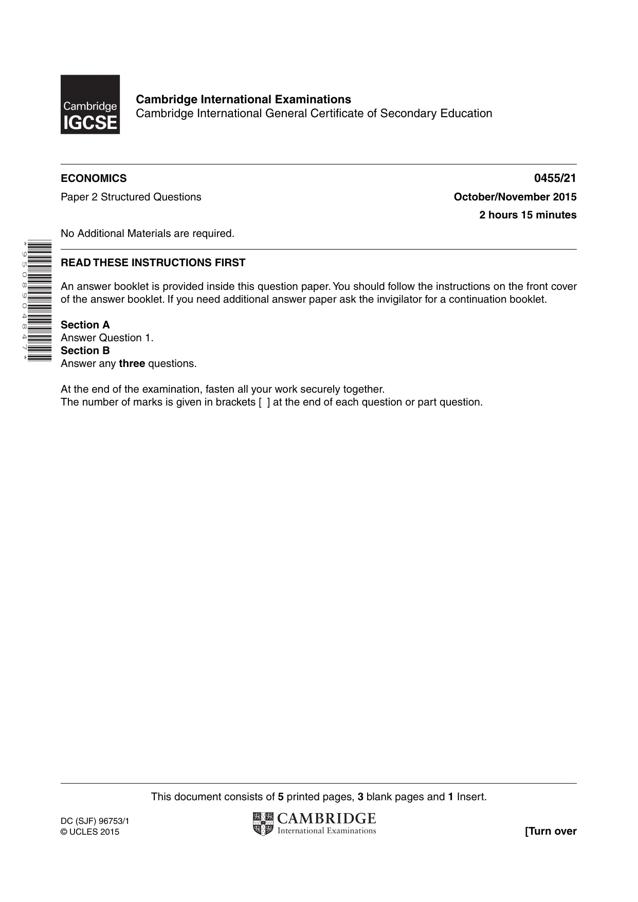 Cambridge IGCSE Economics 0455 2015 Oct/Nov Paper 2 · Variant 1 question paper, page 1 of 8
