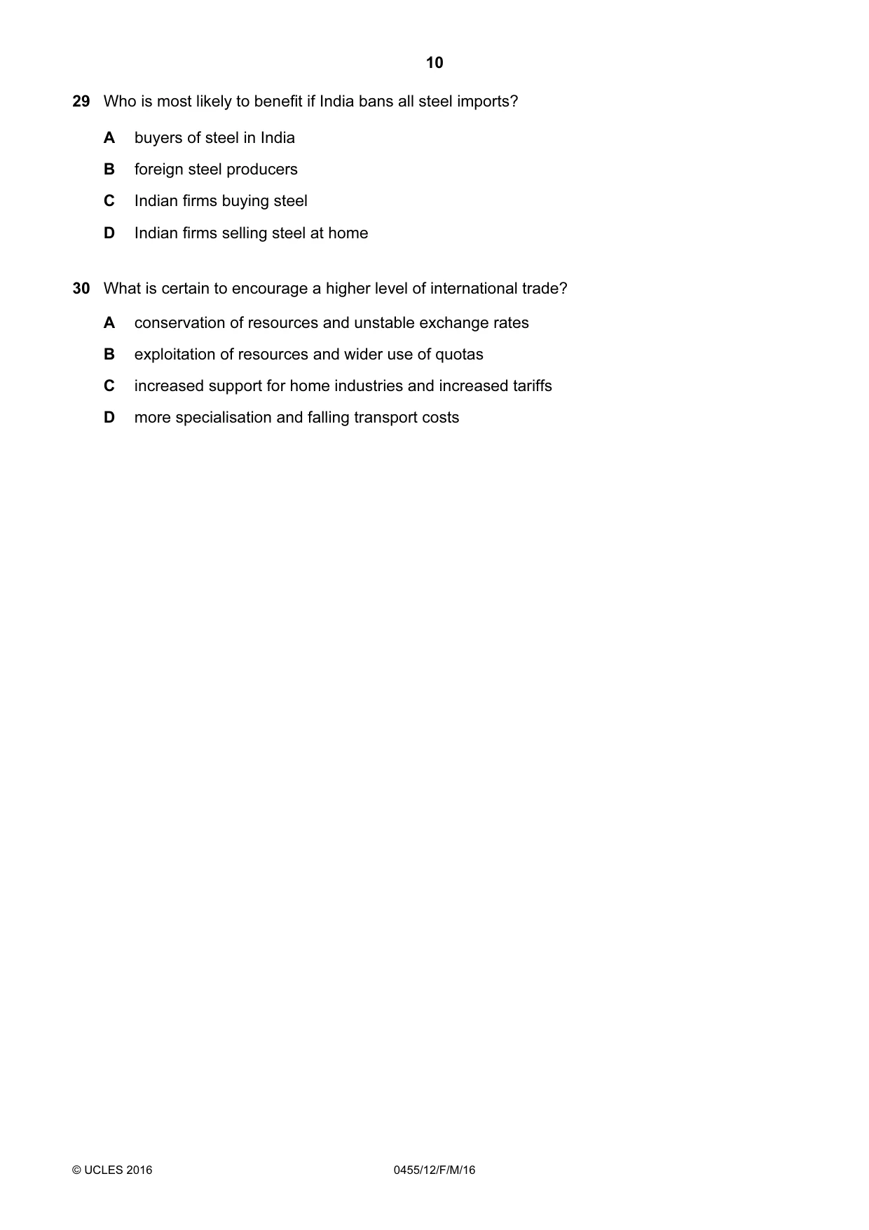 Cambridge IGCSE Economics 0455 2016 Feb/March Paper 1 · Variant 2 question paper, page 10 of 12