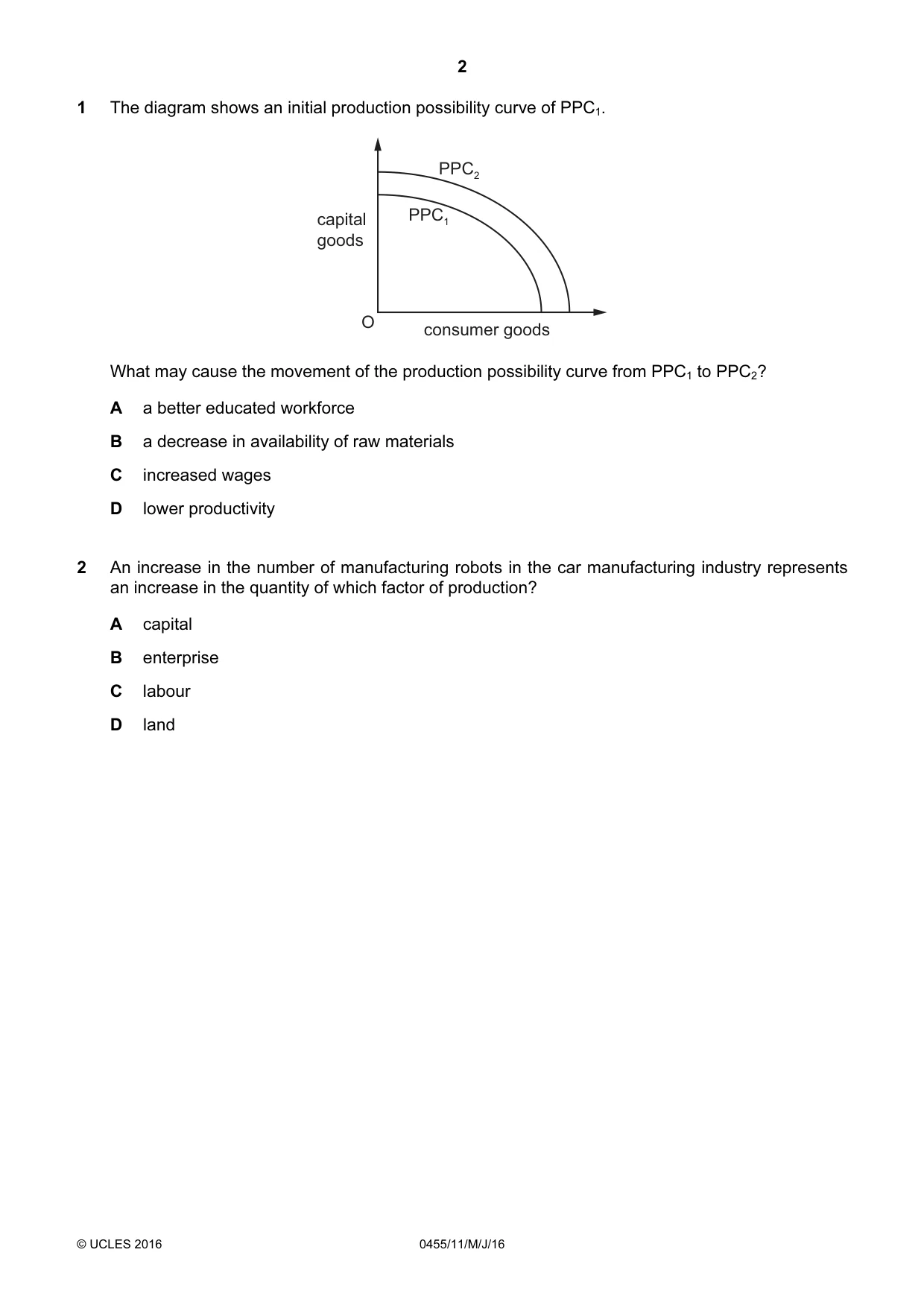 Cambridge IGCSE Economics 0455 2016 May/June Paper 1 · Variant 1 question paper, page 2 of 12