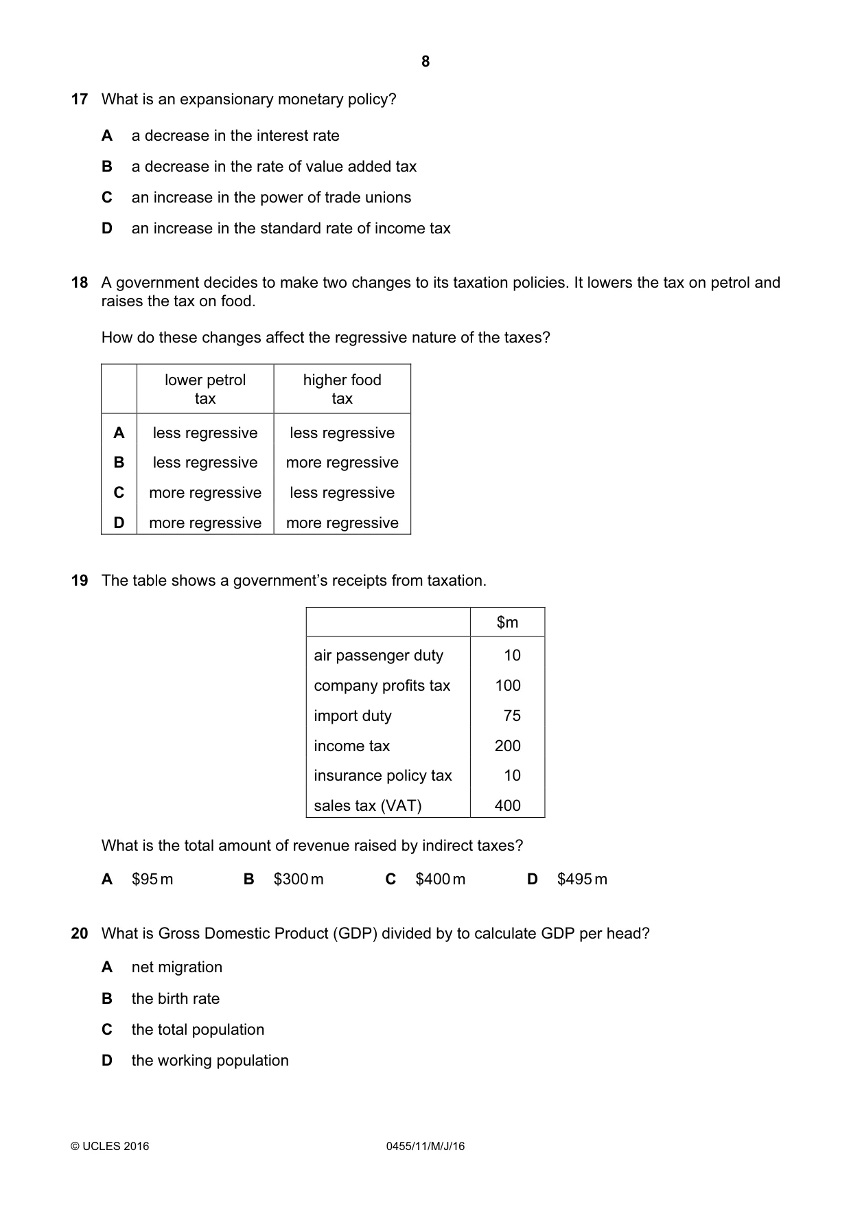 Cambridge IGCSE Economics 0455 2016 May/June Paper 1 · Variant 1 question paper, page 8 of 12