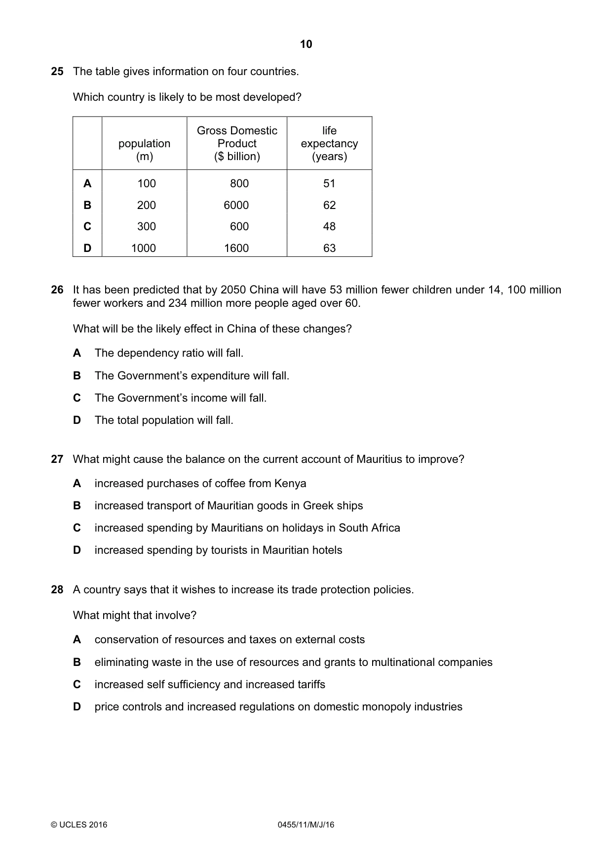 Cambridge IGCSE Economics 0455 2016 May/June Paper 1 · Variant 1 question paper, page 10 of 12