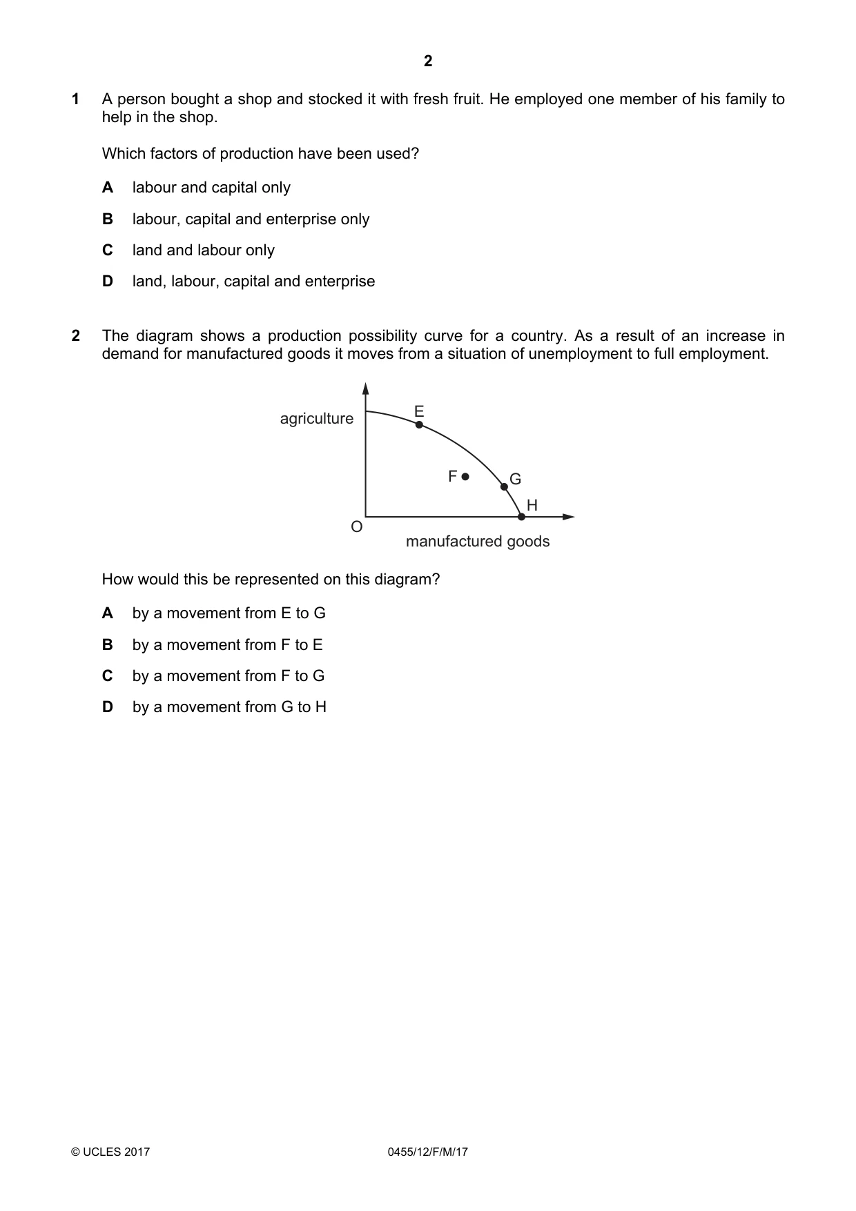 Cambridge IGCSE Economics 0455 2017 Feb/March Paper 1 · Variant 2 question paper, page 2 of 12