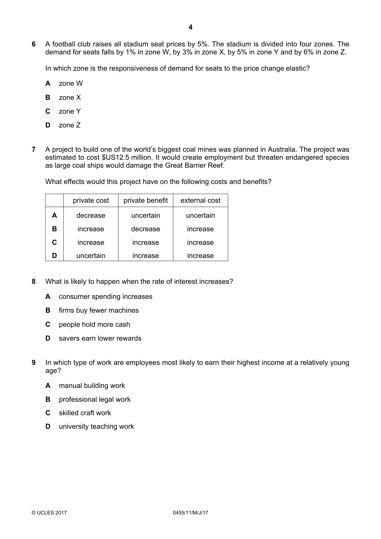 Cambridge IGCSE Economics 0455 2017 May/June Paper 1 · Variant 1 question paper, page 4 of 12
