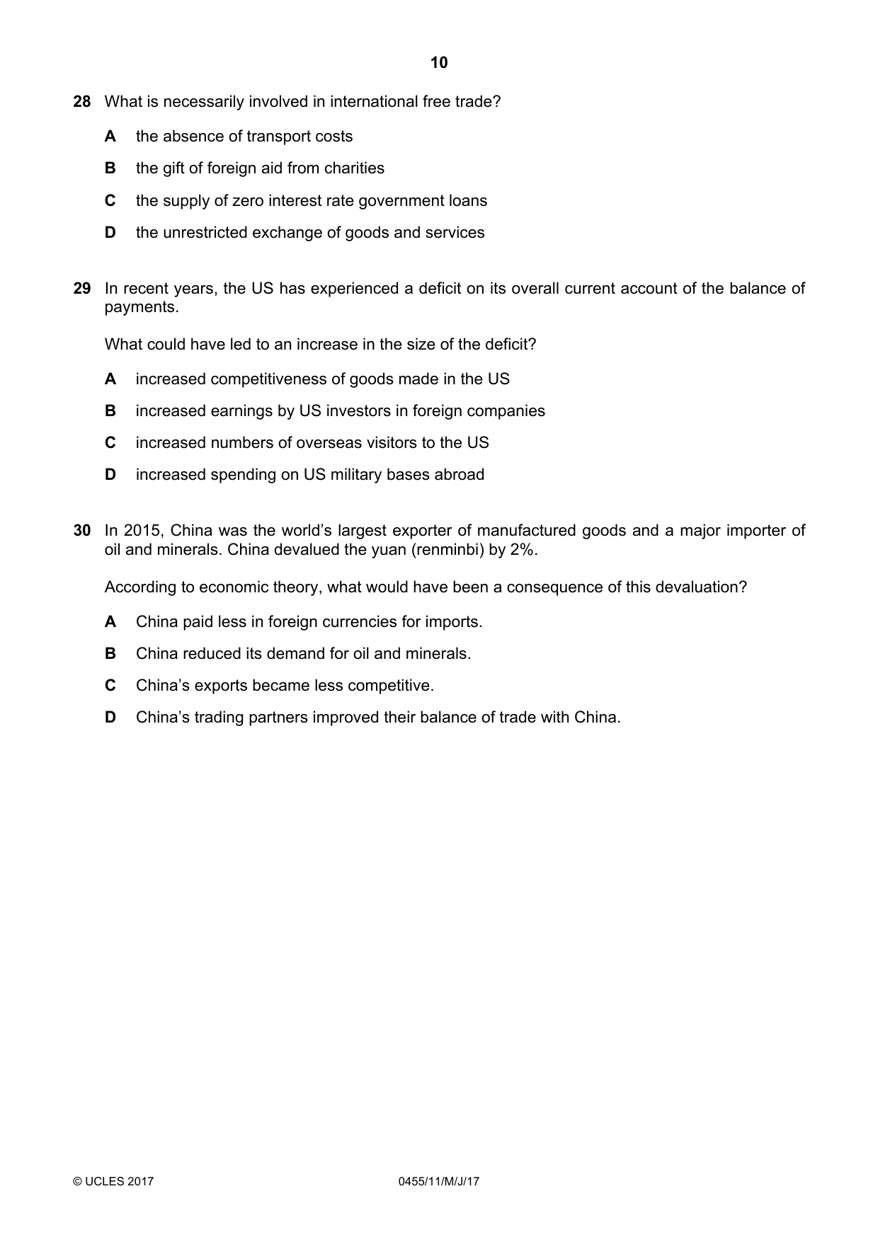 Cambridge IGCSE Economics 0455 2017 May/June Paper 1 · Variant 1 question paper, page 10 of 12