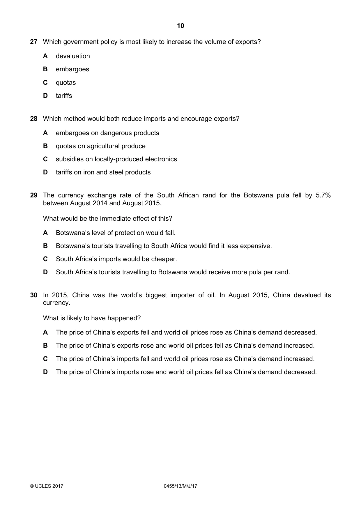 Cambridge IGCSE Economics 0455 2017 May/June Paper 1 · Variant 3 question paper, page 10 of 12