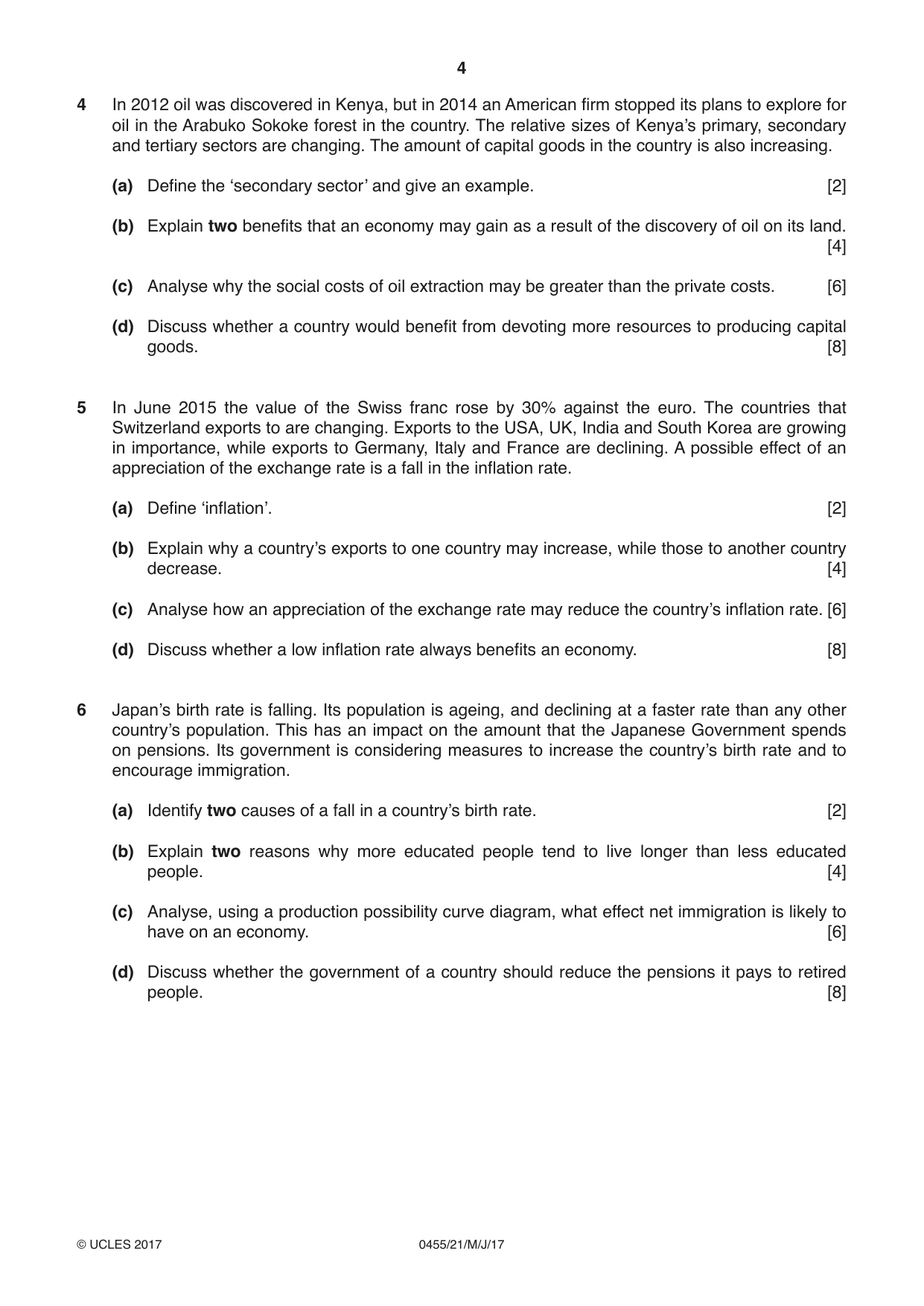 Cambridge IGCSE Economics 0455 2017 May/June Paper 2 · Variant 1 question paper, page 4 of 8