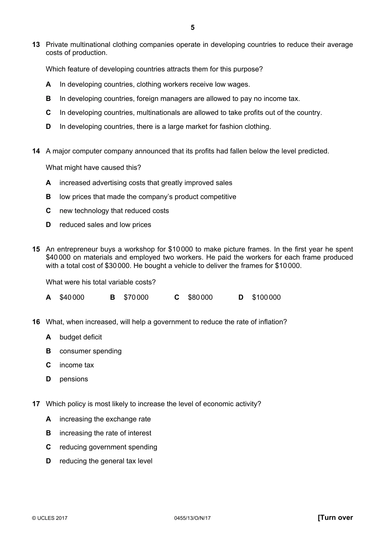 Cambridge IGCSE Economics 0455 2017 Oct/Nov Paper 1 · Variant 3 question paper, page 5 of 12