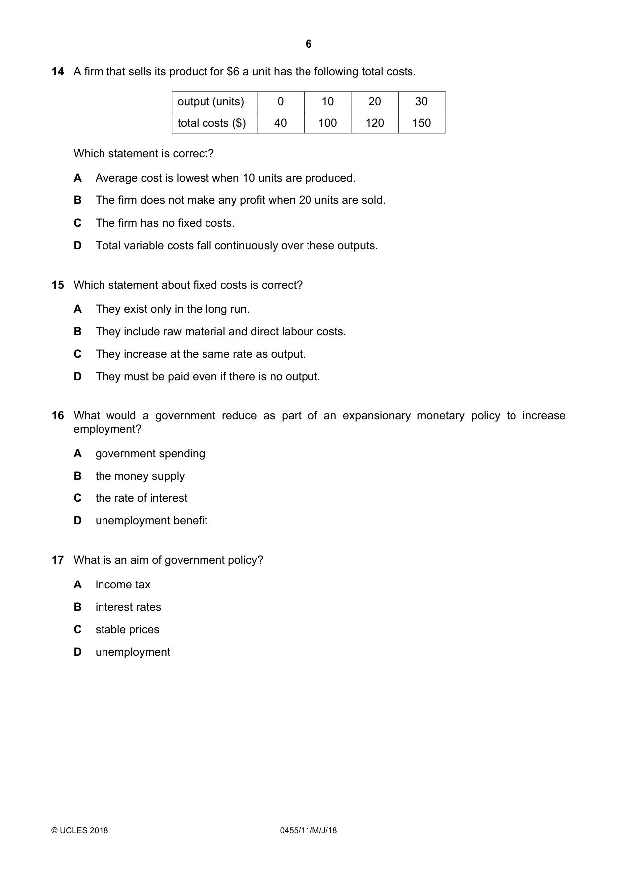 Cambridge IGCSE Economics 0455 2018 May/June Paper 1 · Variant 1 question paper, page 6 of 12