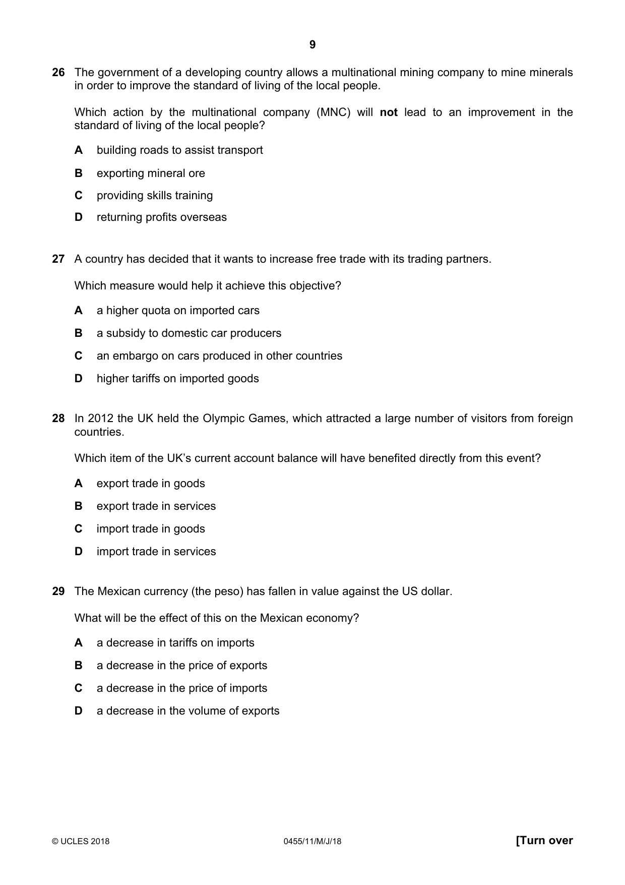 Cambridge IGCSE Economics 0455 2018 May/June Paper 1 · Variant 1 question paper, page 9 of 12