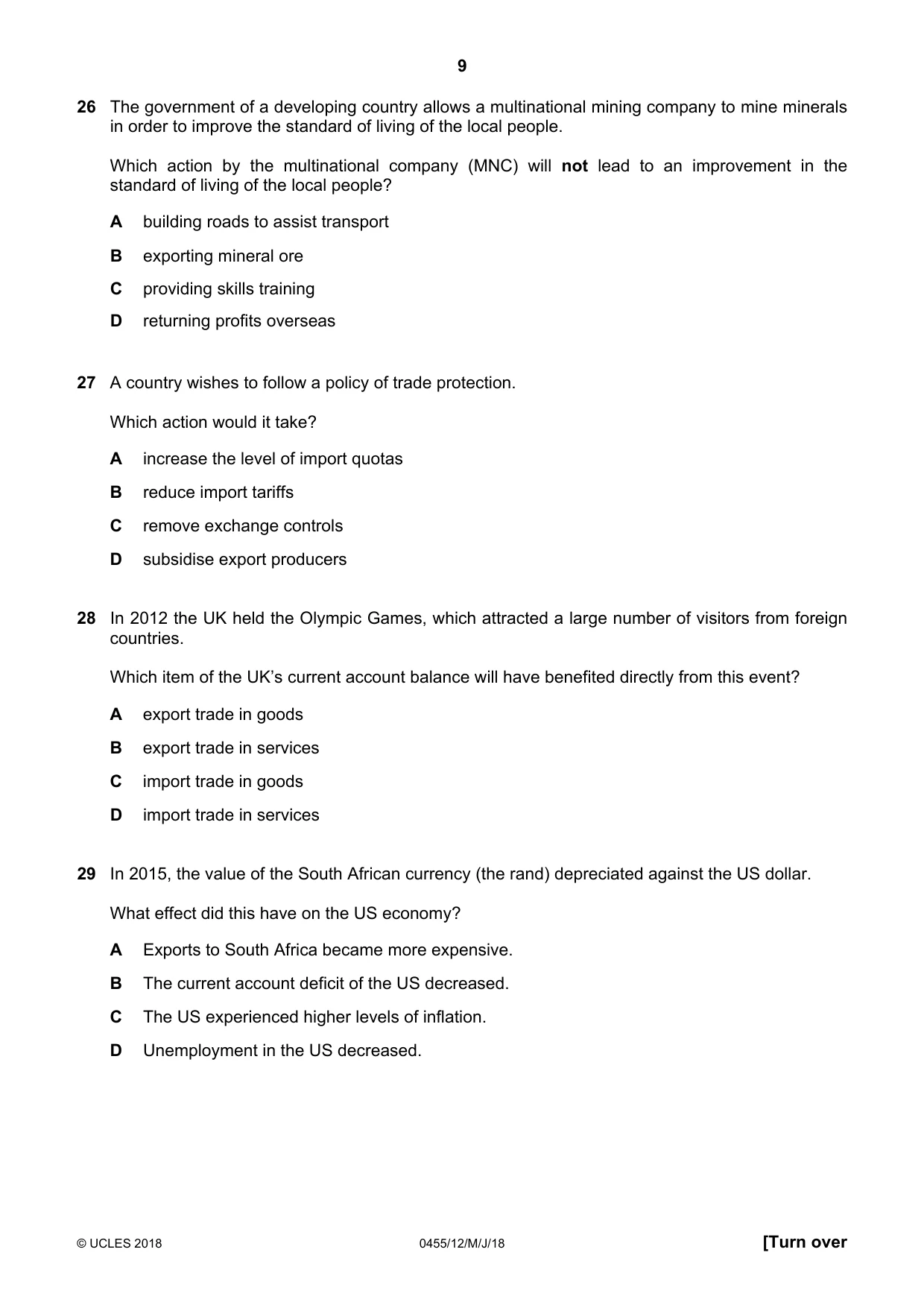 Cambridge IGCSE Economics 0455 2018 May/June Paper 1 · Variant 2 question paper, page 9 of 12