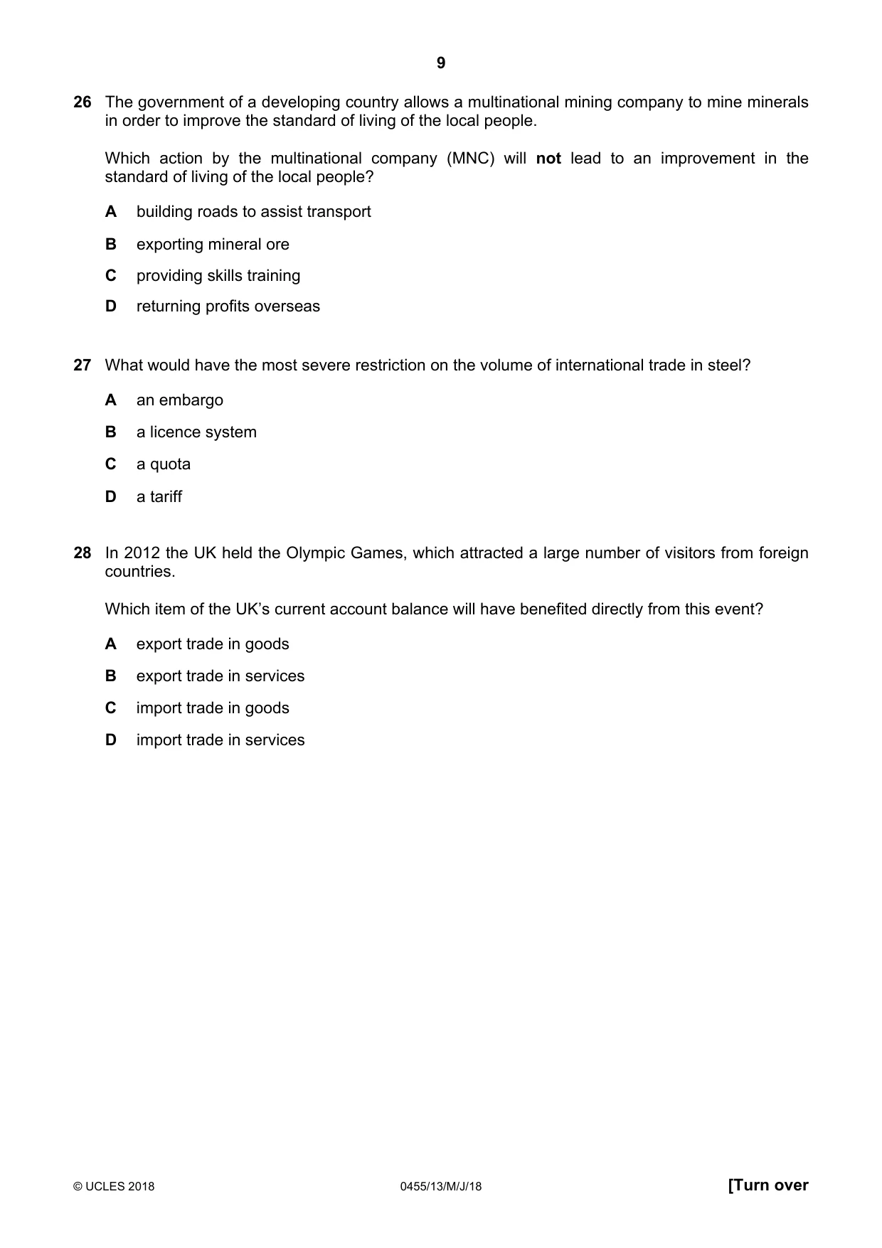 Cambridge IGCSE Economics 0455 2018 May/June Paper 1 · Variant 3 question paper, page 9 of 12