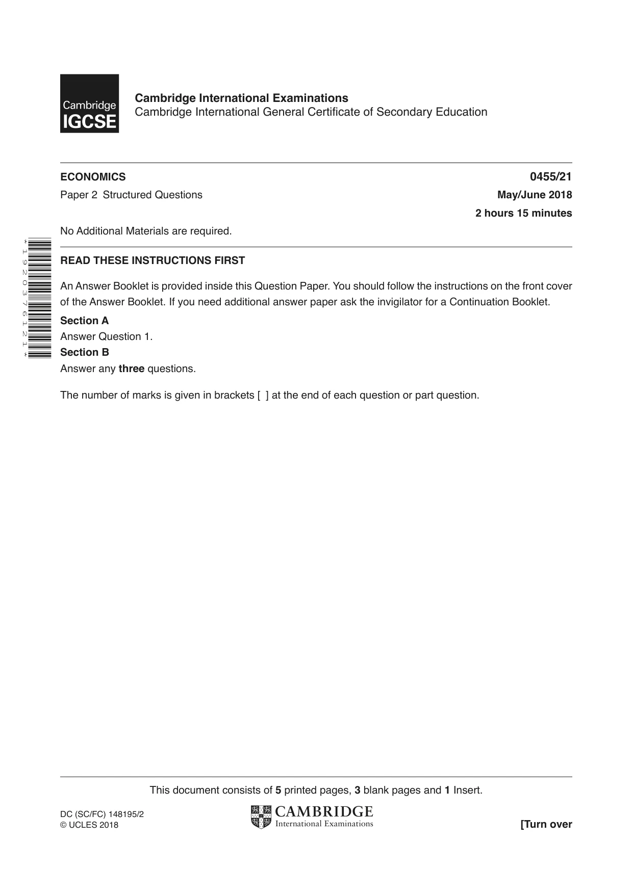 Cambridge IGCSE Economics 0455 2018 May/June Paper 2 · Variant 1 question paper, page 1 of 8