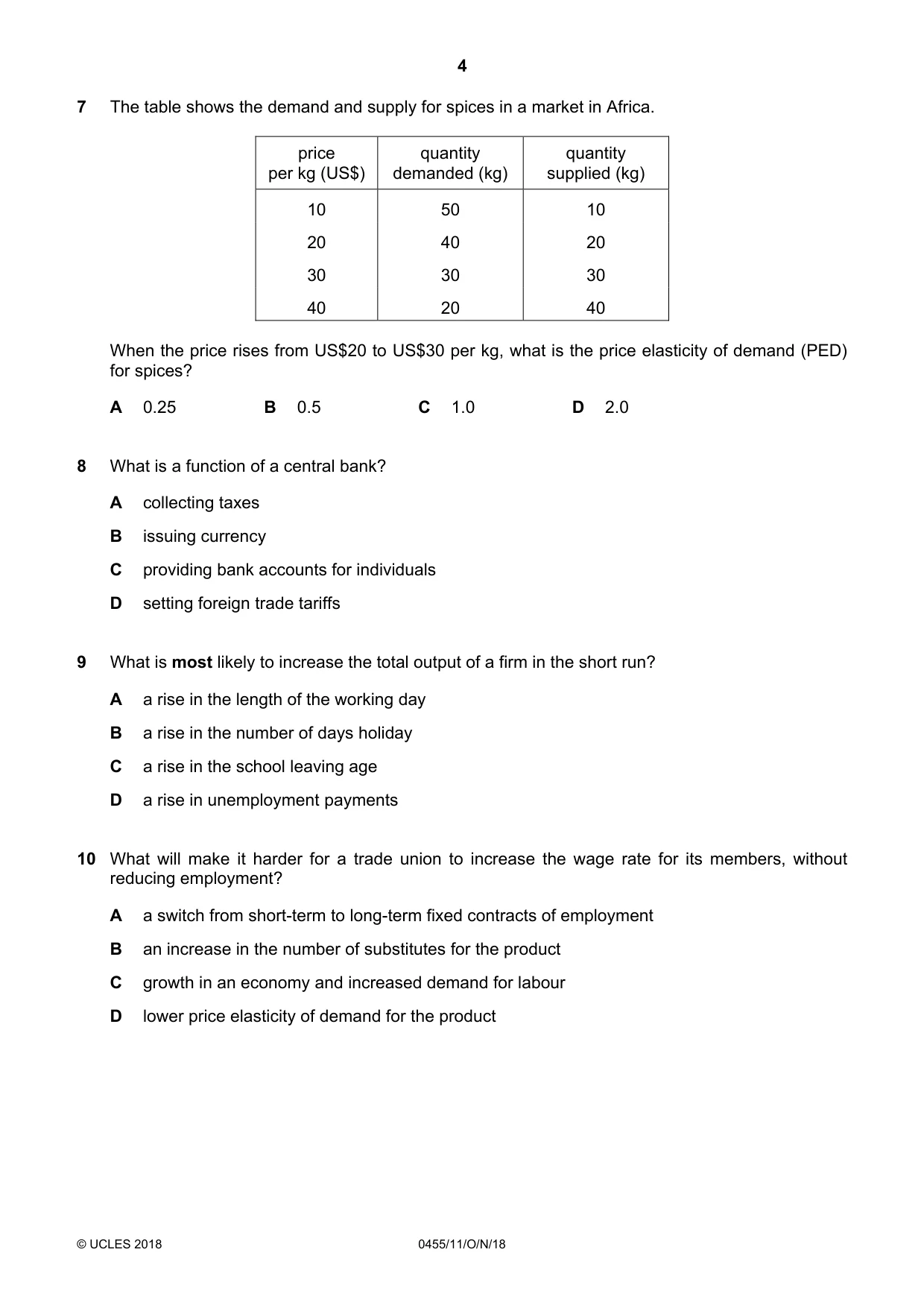 Cambridge IGCSE Economics 0455 2018 Oct/Nov Paper 1 · Variant 1 question paper, page 4 of 12