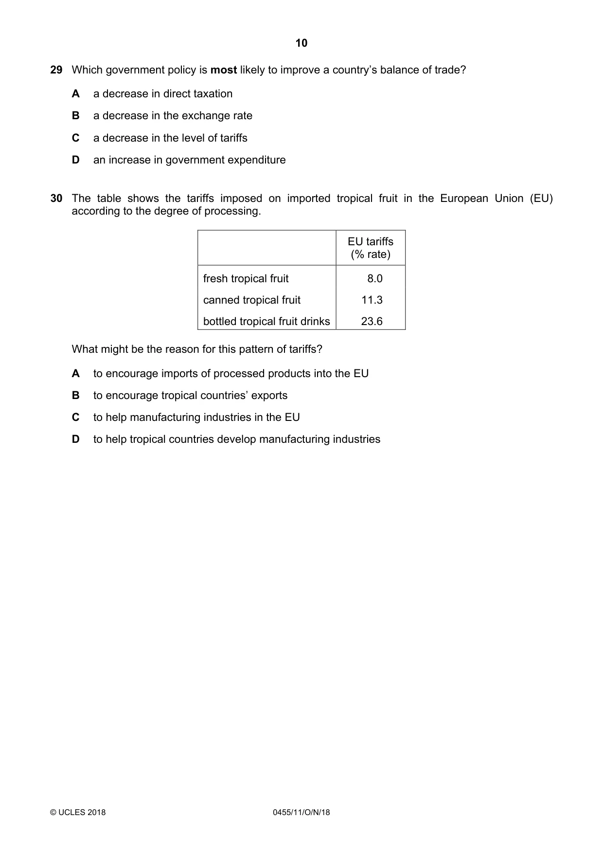 Cambridge IGCSE Economics 0455 2018 Oct/Nov Paper 1 · Variant 1 question paper, page 10 of 12