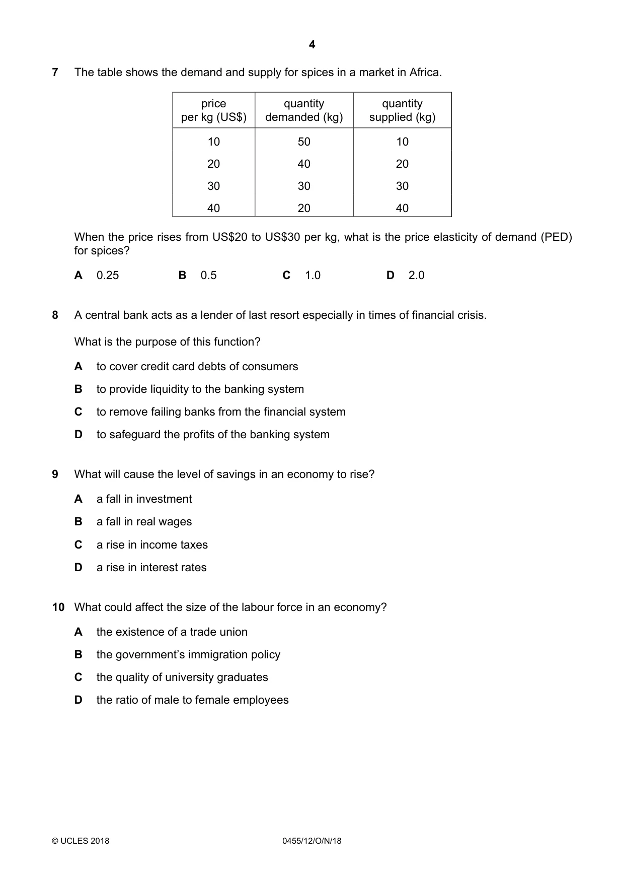 Cambridge IGCSE Economics 0455 2018 Oct/Nov Paper 1 · Variant 2 question paper, page 4 of 12