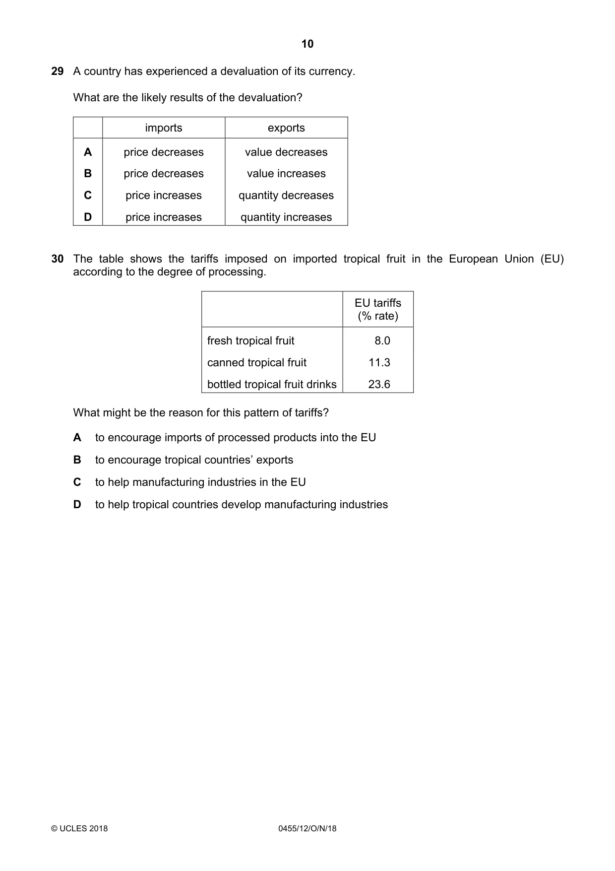 Cambridge IGCSE Economics 0455 2018 Oct/Nov Paper 1 · Variant 2 question paper, page 10 of 12