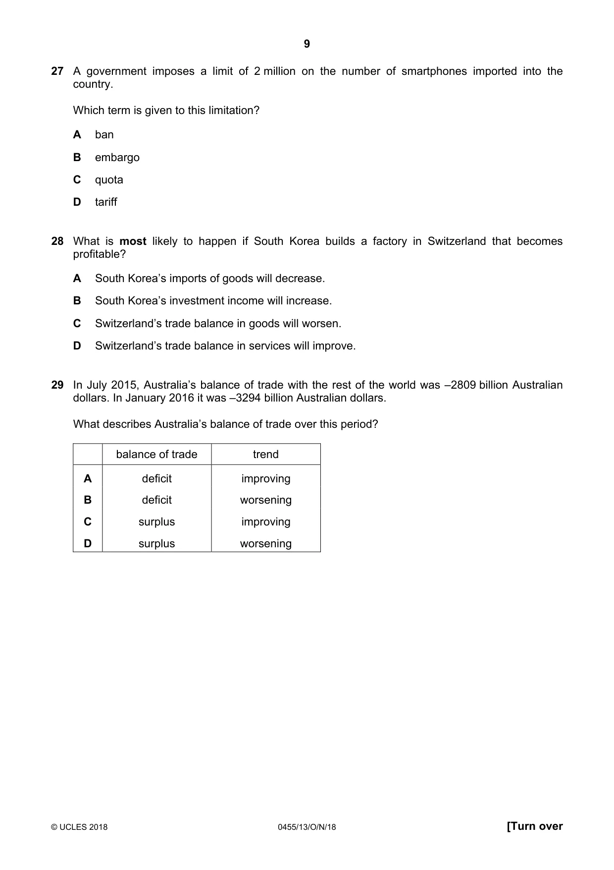 Cambridge IGCSE Economics 0455 2018 Oct/Nov Paper 1 · Variant 3 question paper, page 9 of 12
