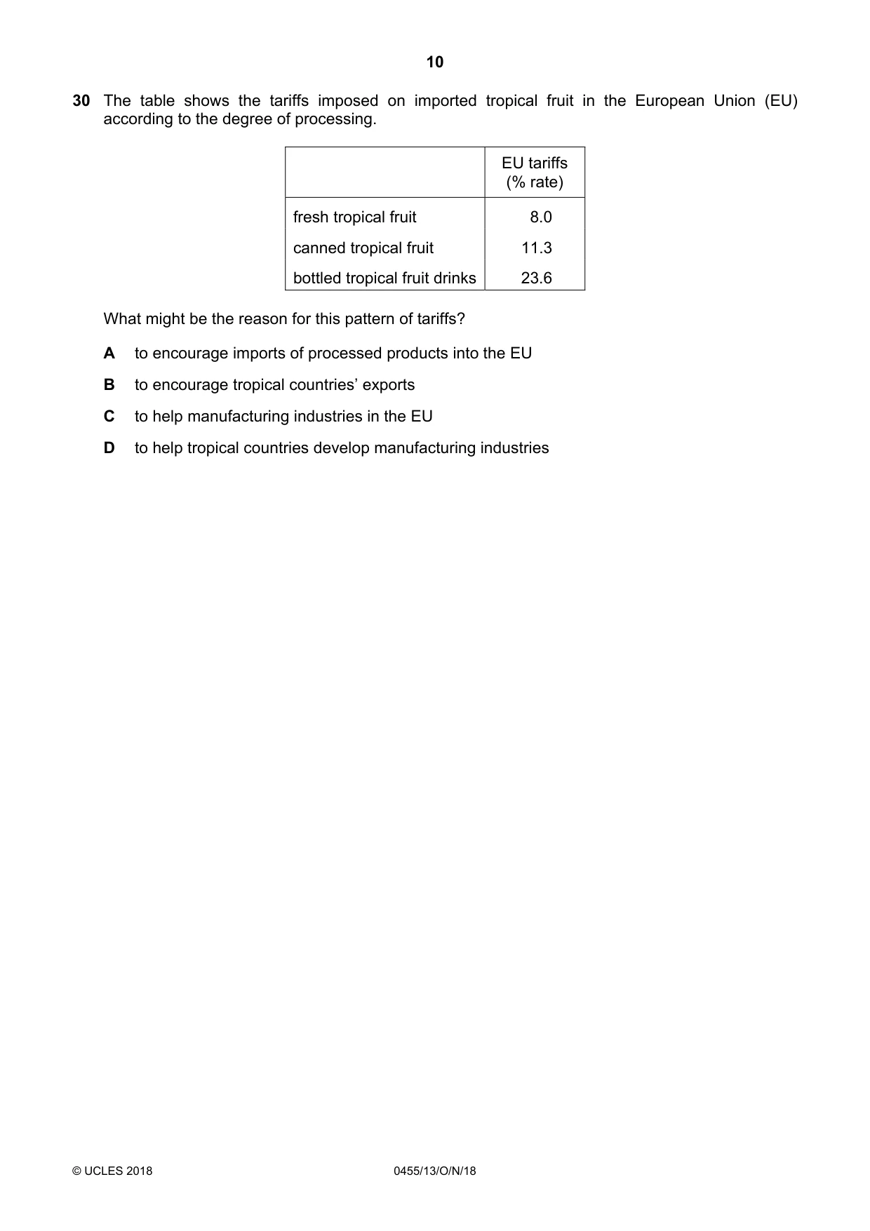 Cambridge IGCSE Economics 0455 2018 Oct/Nov Paper 1 · Variant 3 question paper, page 10 of 12
