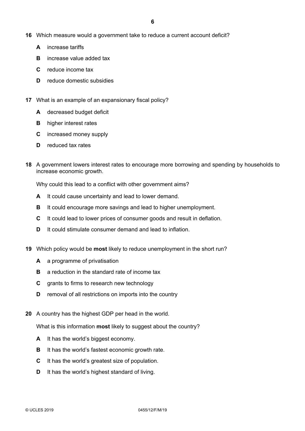 Cambridge IGCSE Economics 0455 2019 Feb/March Paper 1 · Variant 2 question paper, page 6 of 12