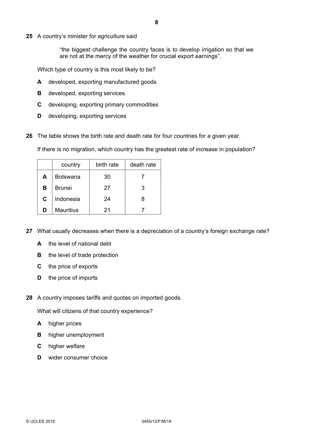 Cambridge IGCSE Economics 0455 2019 Feb/March Paper 1 · Variant 2 question paper, page 8 of 12