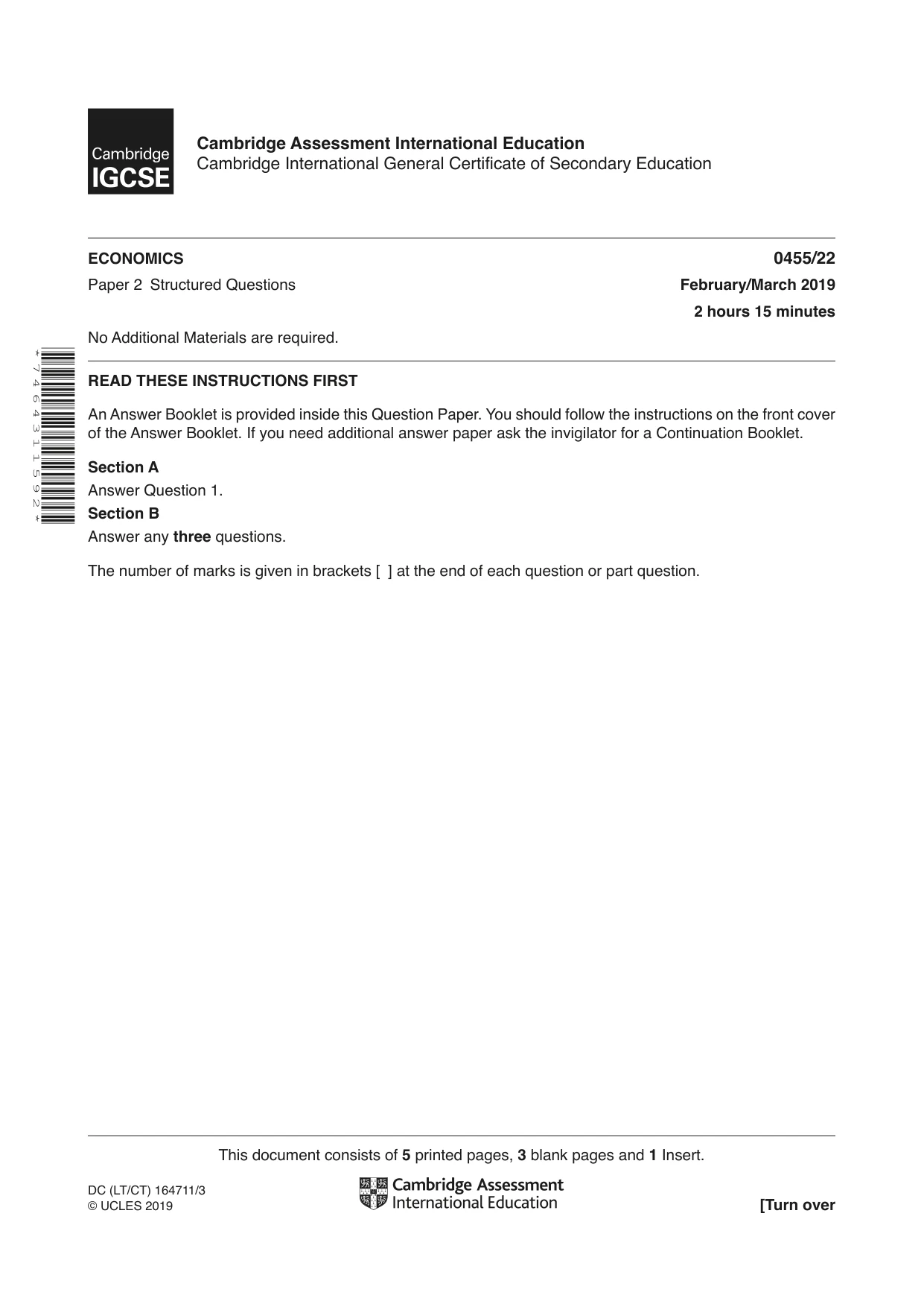 Cambridge IGCSE Economics 0455 2019 Feb/March Paper 2 · Variant 2 question paper, page 1 of 8