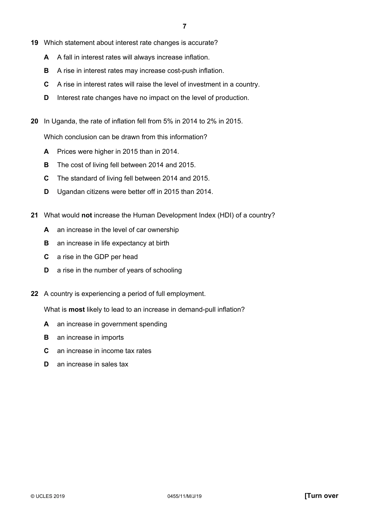 Cambridge IGCSE Economics 0455 2019 May/June Paper 1 · Variant 1 question paper, page 7 of 12
