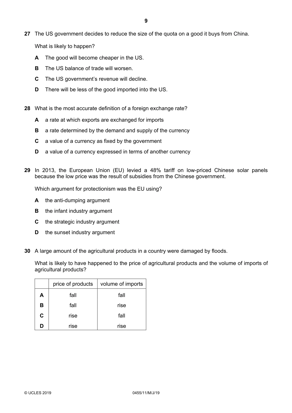 Cambridge IGCSE Economics 0455 2019 May/June Paper 1 · Variant 1 question paper, page 9 of 12