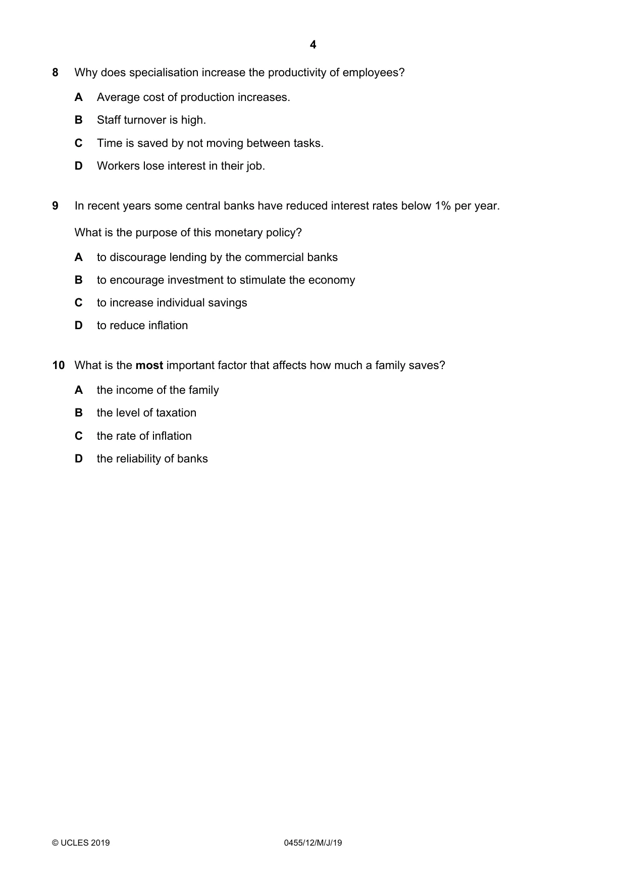 Cambridge IGCSE Economics 0455 2019 May/June Paper 1 · Variant 2 question paper, page 4 of 12