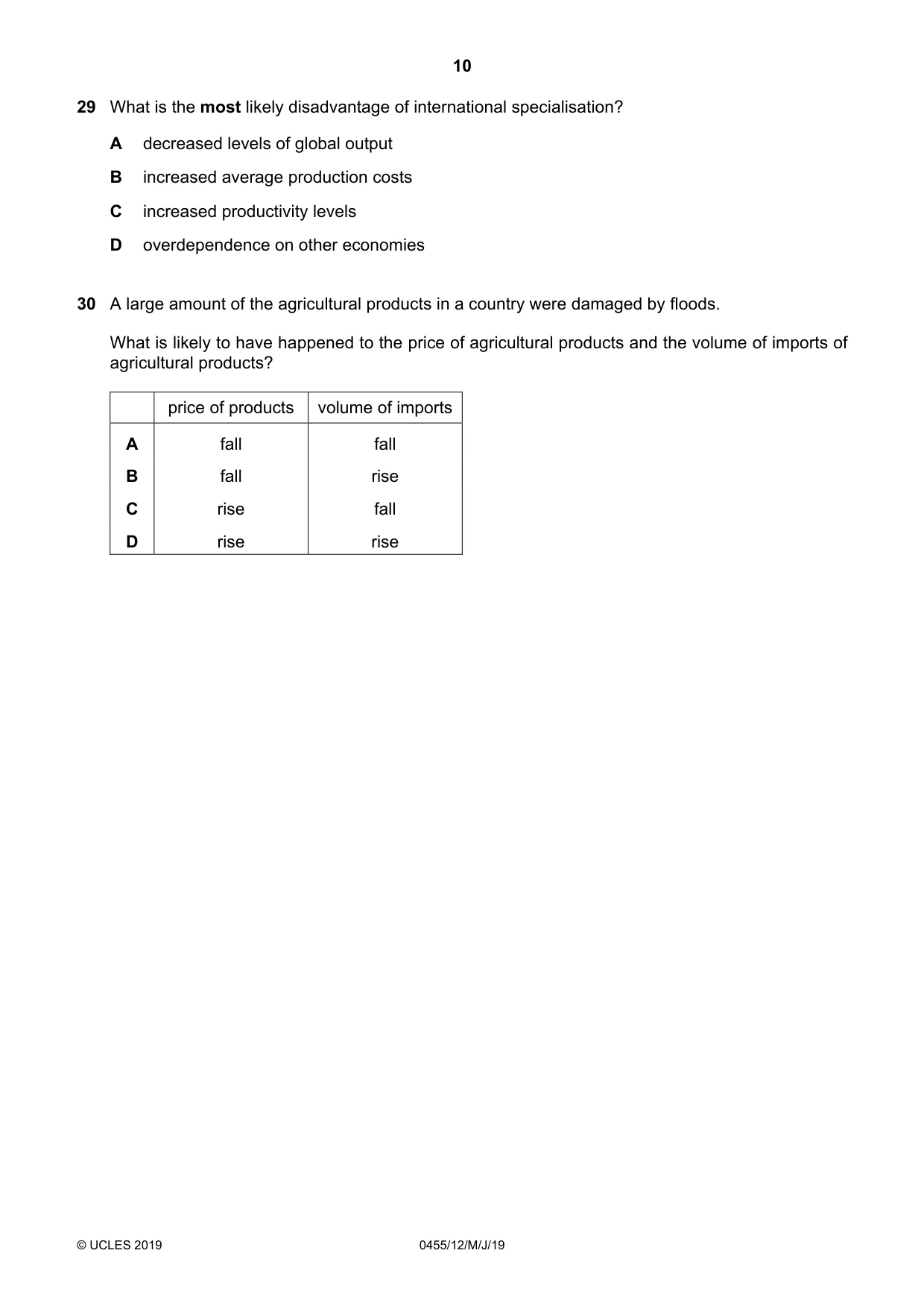 Cambridge IGCSE Economics 0455 2019 May/June Paper 1 · Variant 2 question paper, page 10 of 12