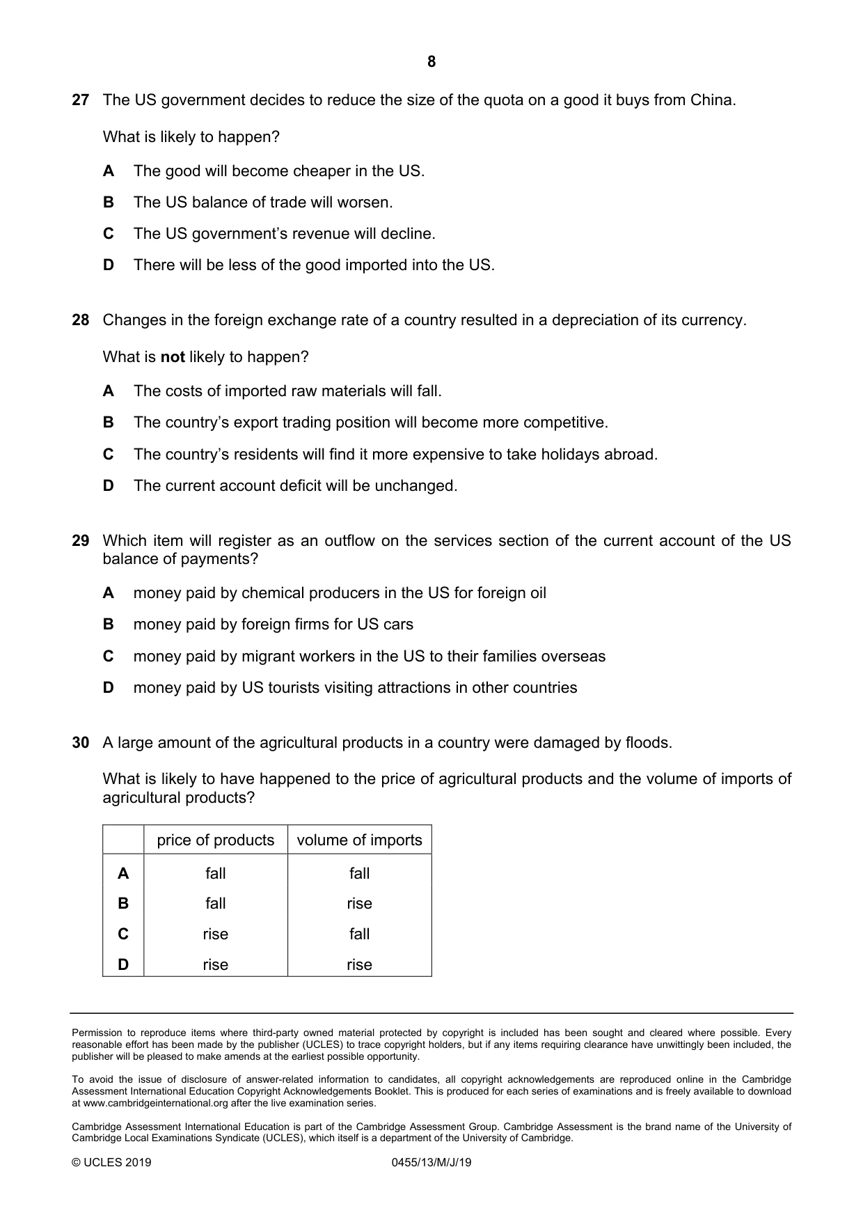 Cambridge IGCSE Economics 0455 2019 May/June Paper 1 · Variant 3 question paper, page 8 of 8