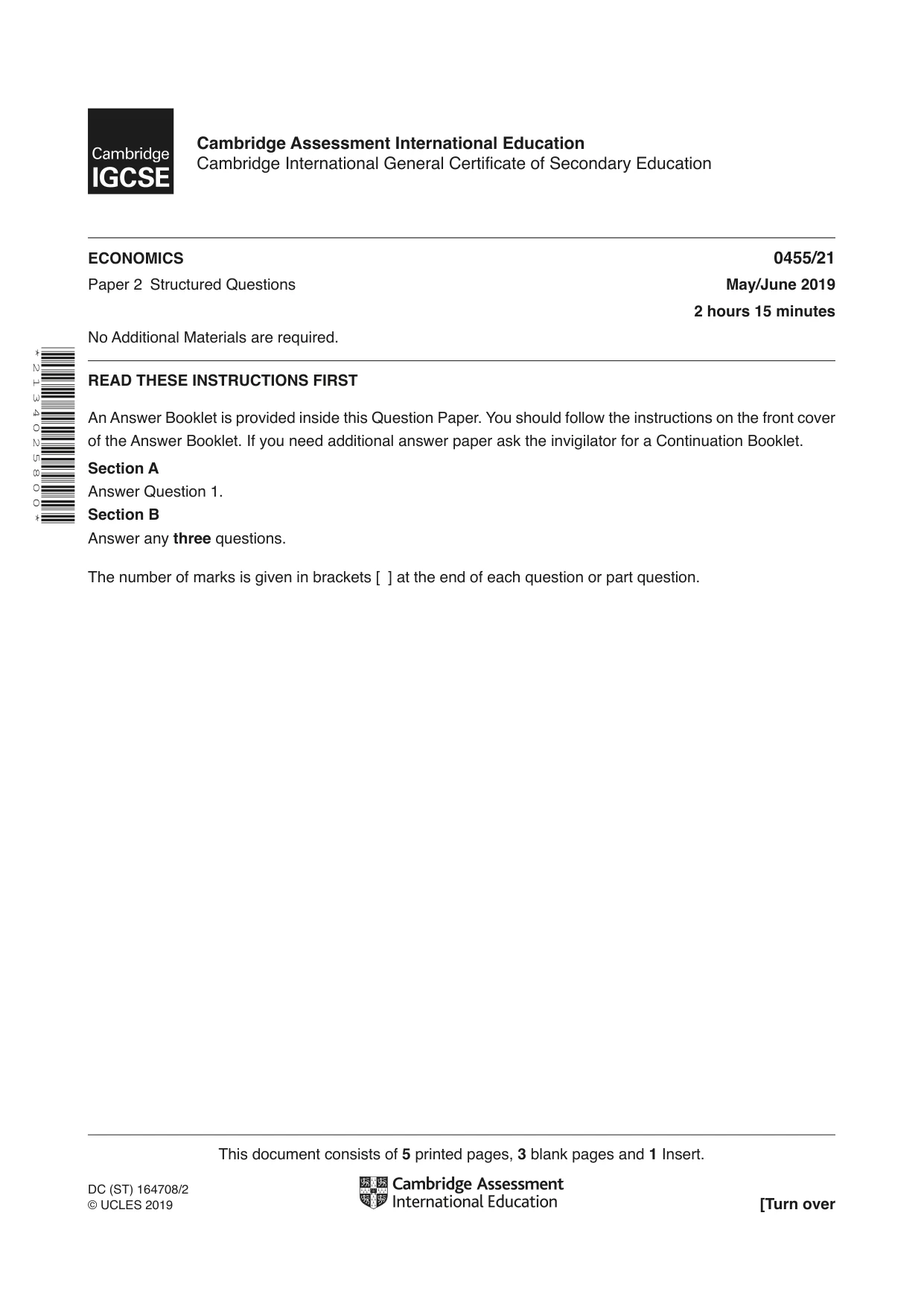 Cambridge IGCSE Economics 0455 2019 May/June Paper 2 · Variant 1 question paper, page 1 of 8