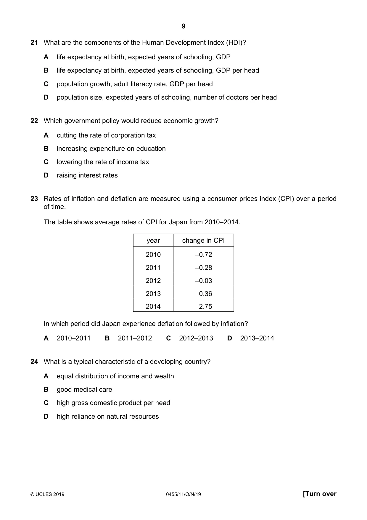Cambridge IGCSE Economics 0455 2019 Oct/Nov Paper 1 · Variant 1 question paper, page 9 of 12