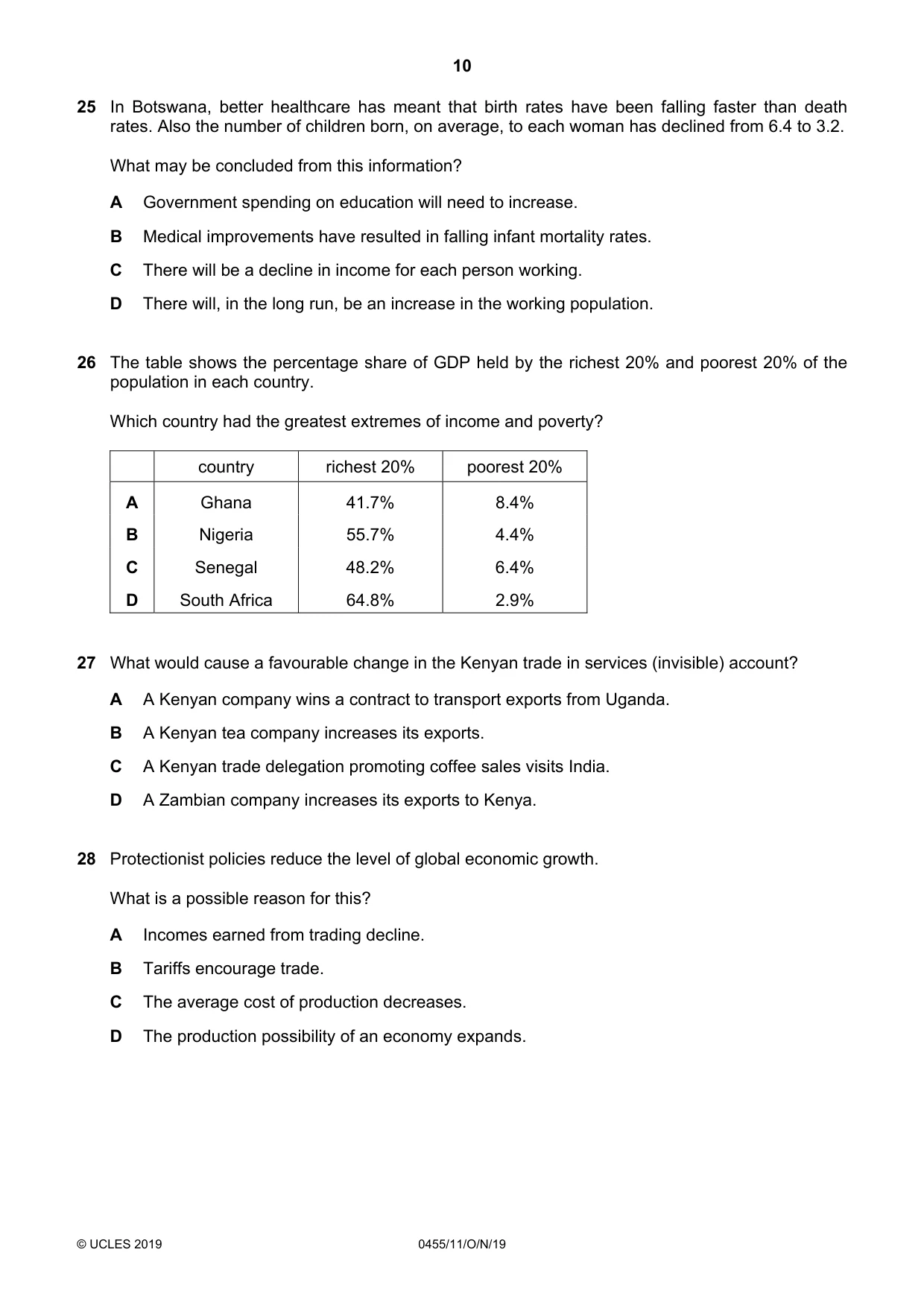 Cambridge IGCSE Economics 0455 2019 Oct/Nov Paper 1 · Variant 1 question paper, page 10 of 12