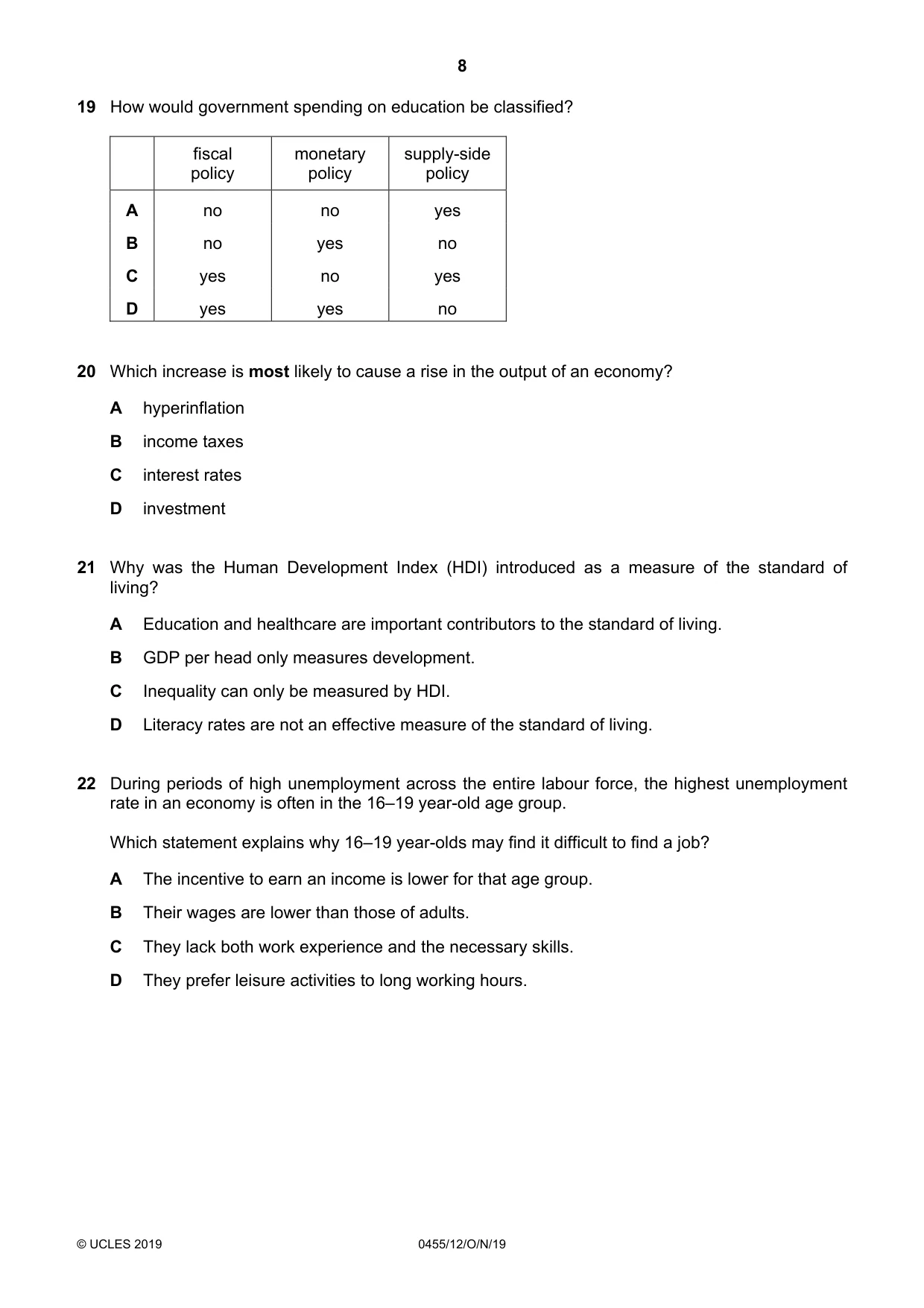 Cambridge IGCSE Economics 0455 2019 Oct/Nov Paper 1 · Variant 2 question paper, page 8 of 12