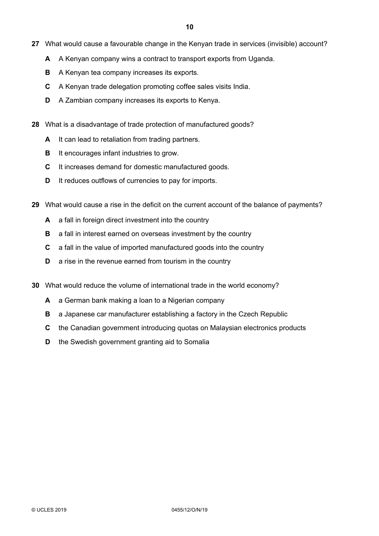 Cambridge IGCSE Economics 0455 2019 Oct/Nov Paper 1 · Variant 2 question paper, page 10 of 12