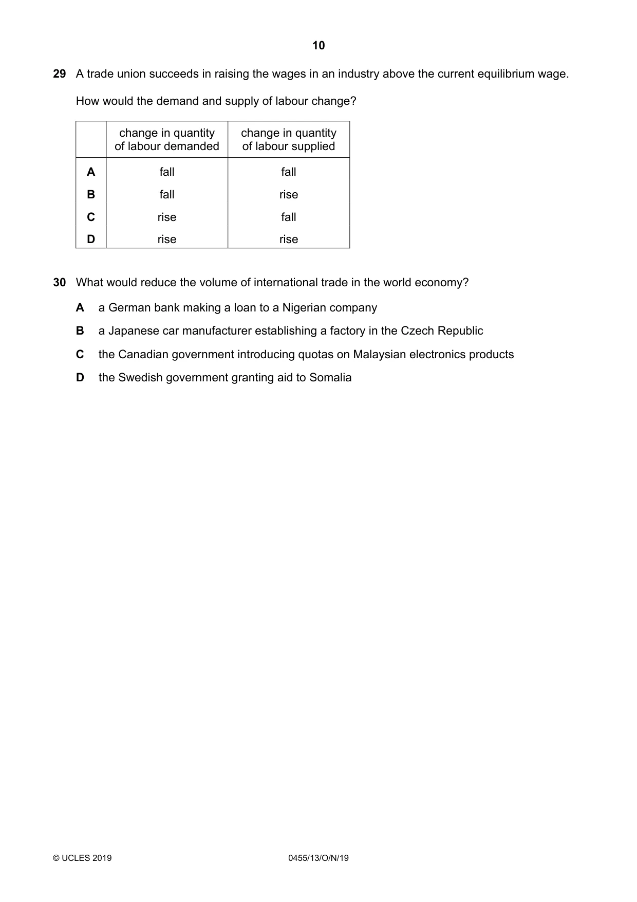 Cambridge IGCSE Economics 0455 2019 Oct/Nov Paper 1 · Variant 3 question paper, page 10 of 12