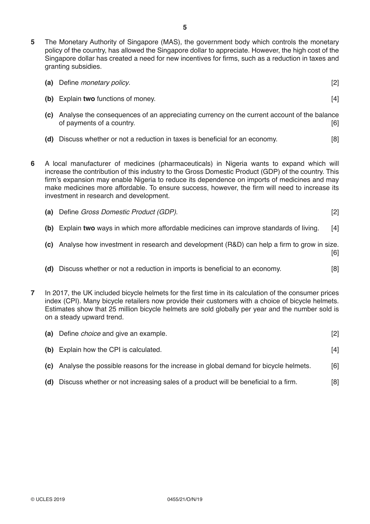 Cambridge IGCSE Economics 0455 2019 Oct/Nov Paper 2 · Variant 1 question paper, page 5 of 8