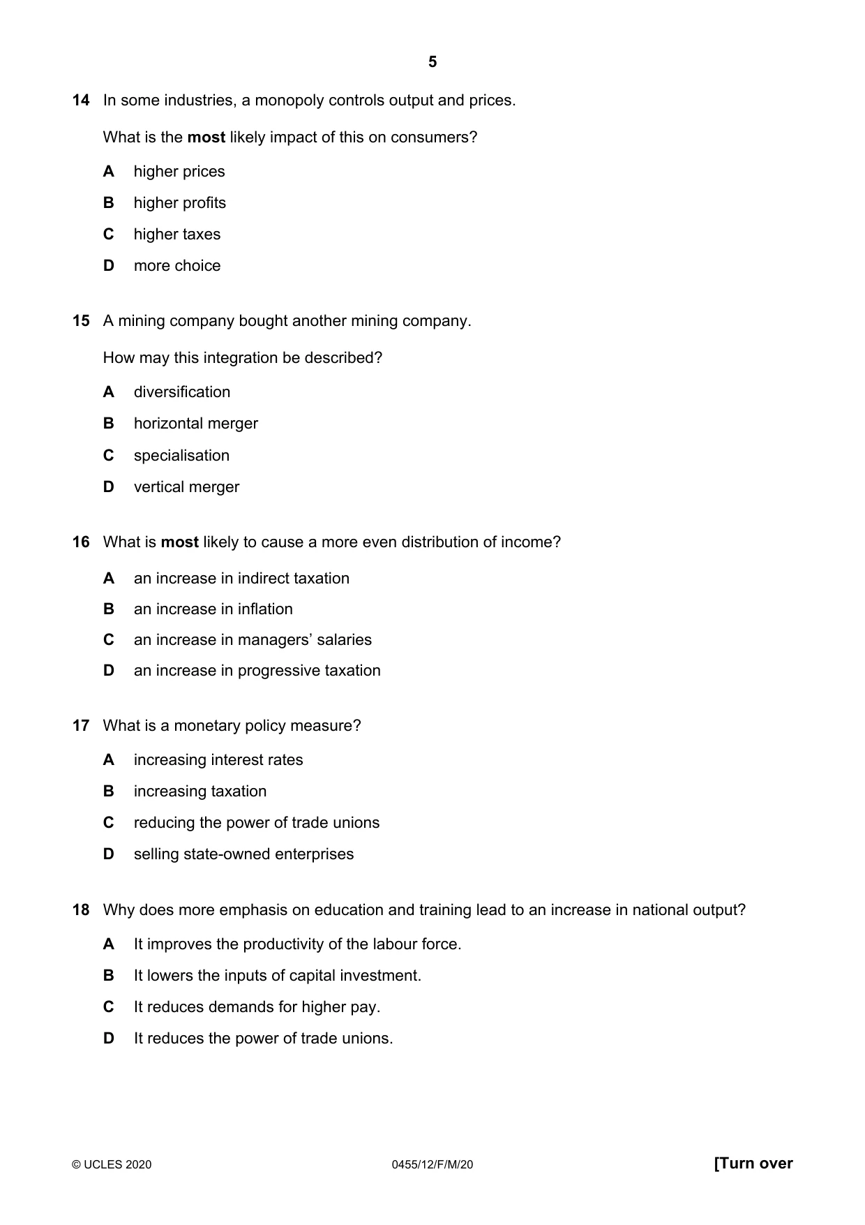 Cambridge IGCSE Economics 0455 2020 Feb/March Paper 1 · Variant 2 question paper, page 5 of 8